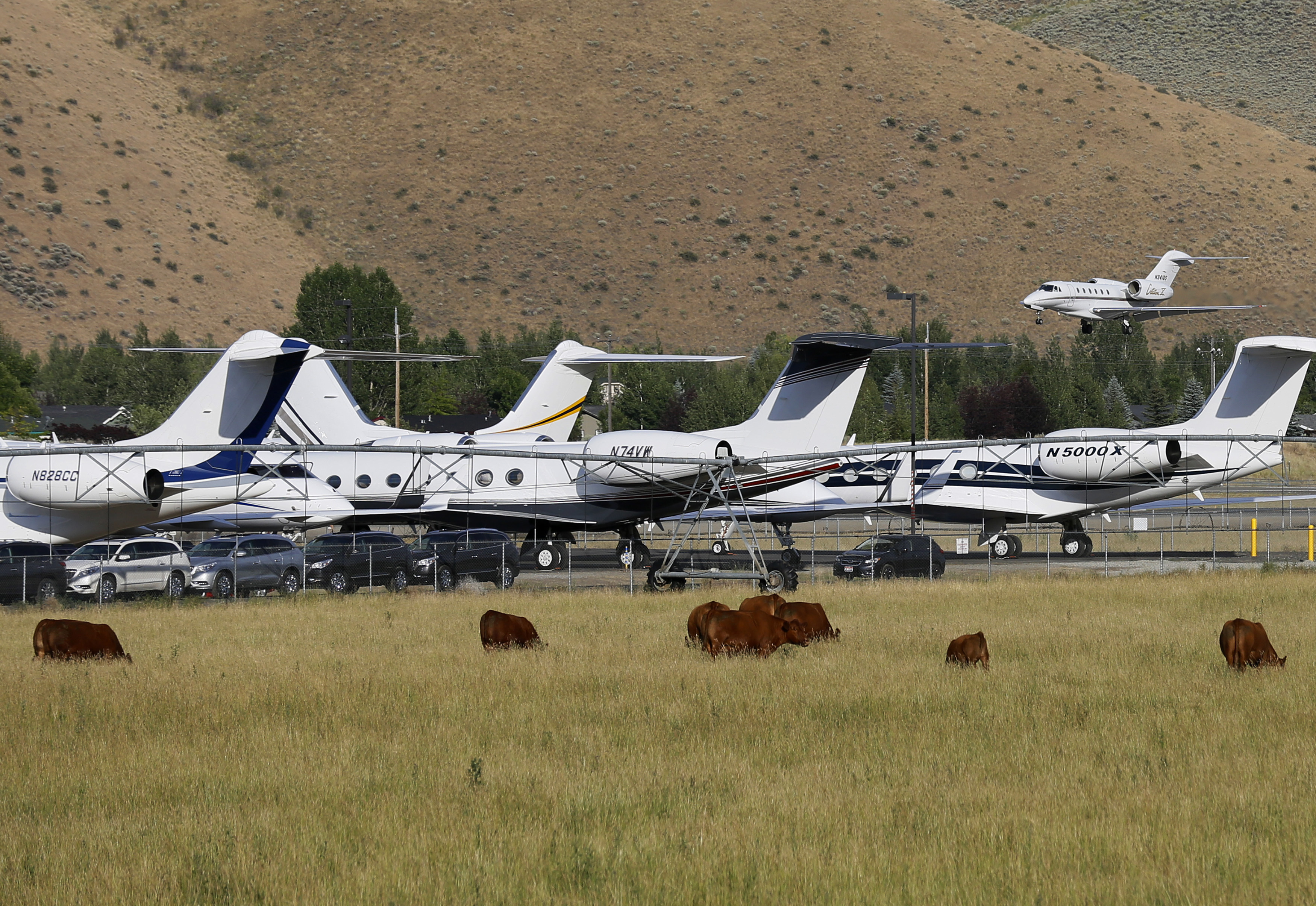 A private jet lands at the Sun Valley airport, in Hailey, Idaho