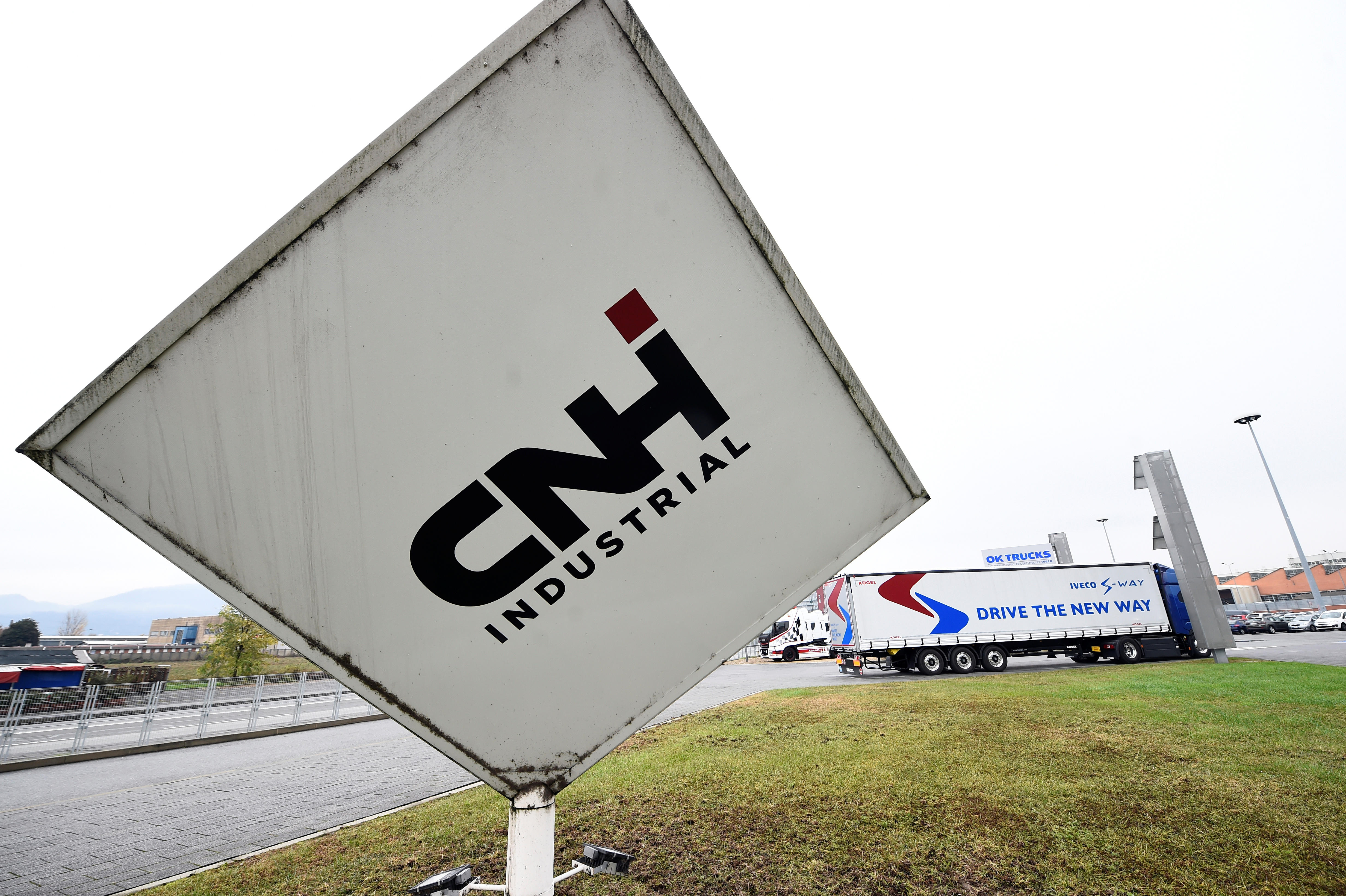 Italian-American Industrial vehicle maker CNH's logo is pictured at an event held to present CNH's new full-electric and Hydrogen fuel-cell battery trucks in partnership with U.S. Nikola event in Turin