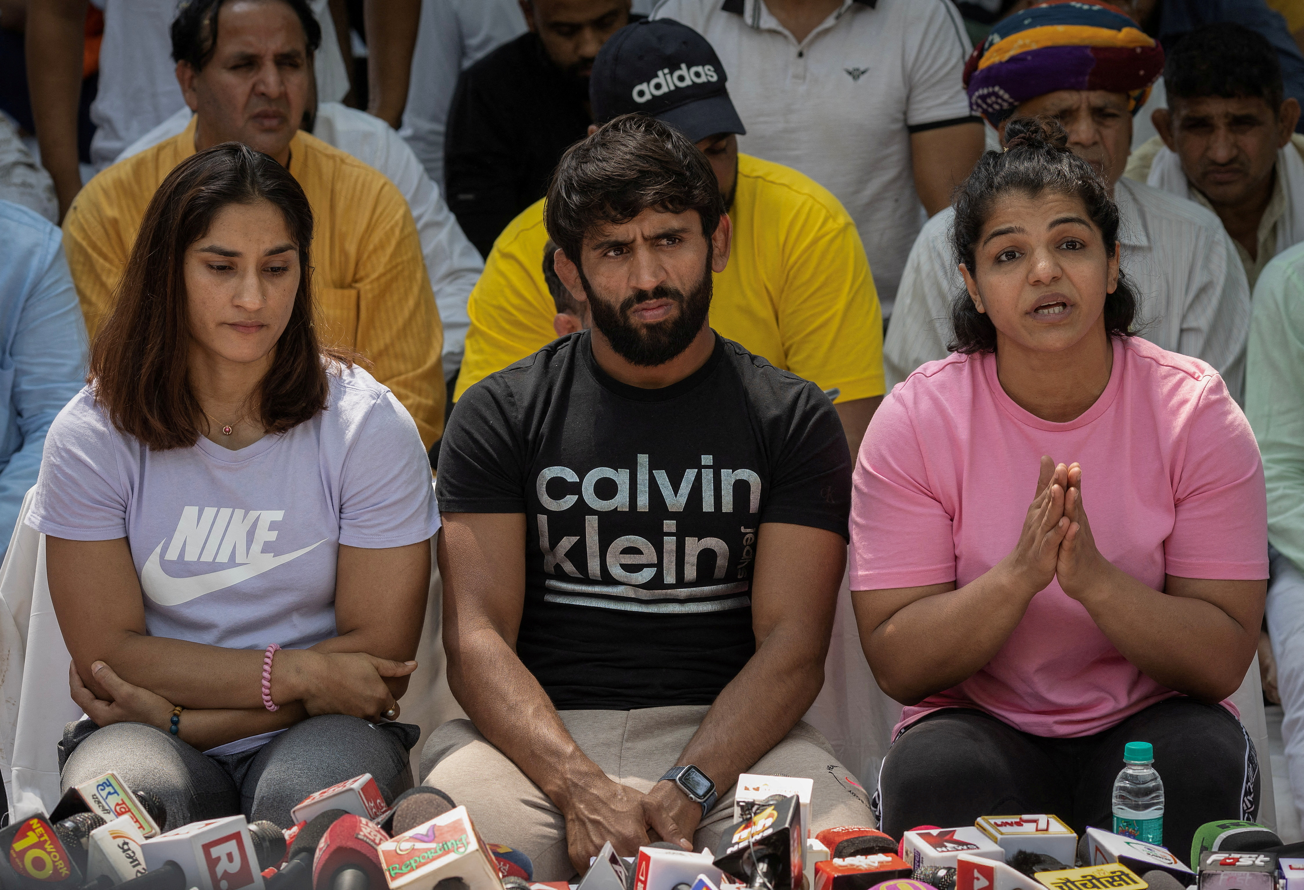 Indian wrestlers take part in a sit-in protest demanding arrest of WFI chief, who they accuse of sexually harassing female players, in New Delhi