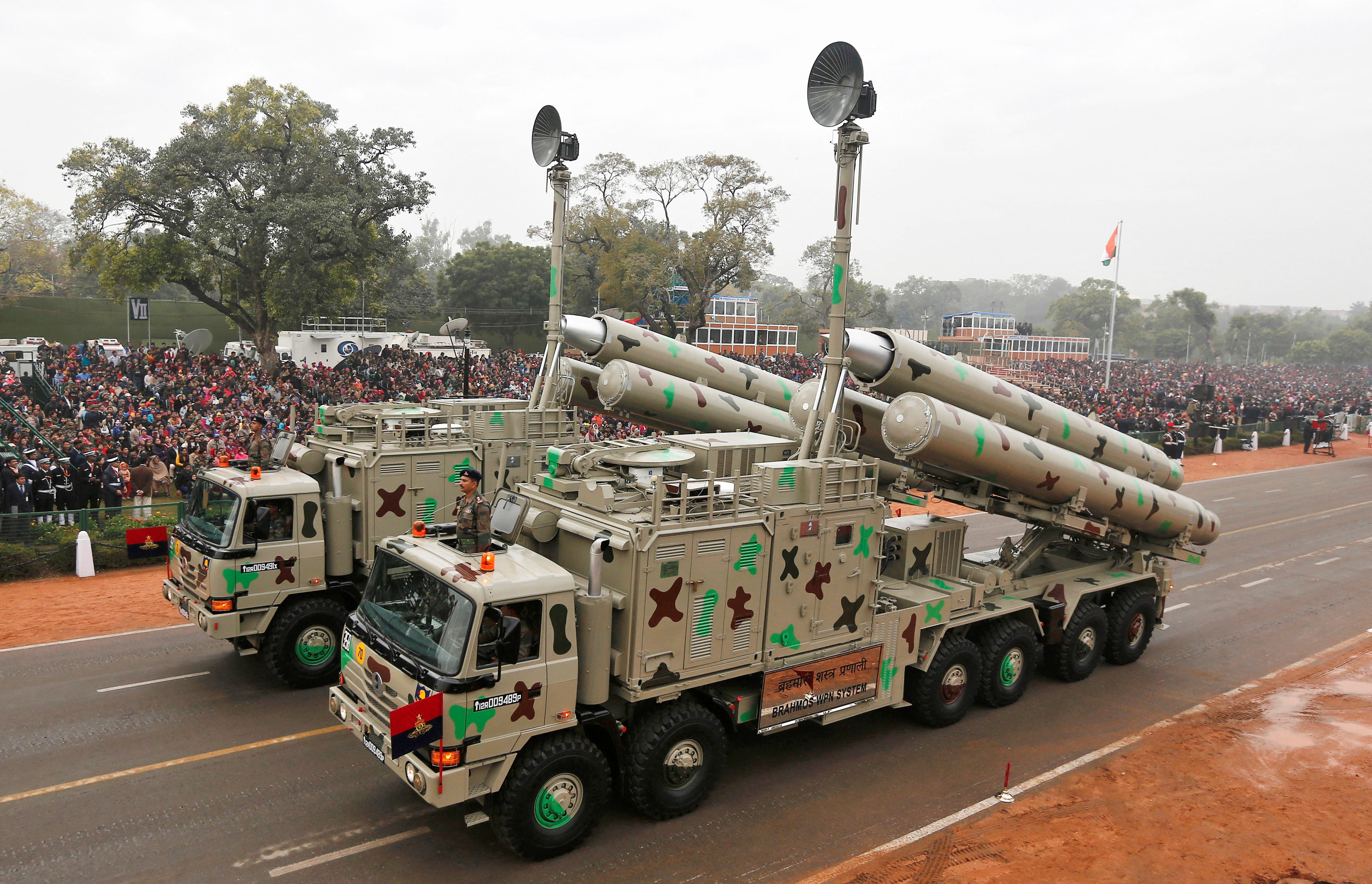 Indian Army's BrahMos weapon systems are displayed during a full dress rehearsal for the Republic Day parade in New Delhi