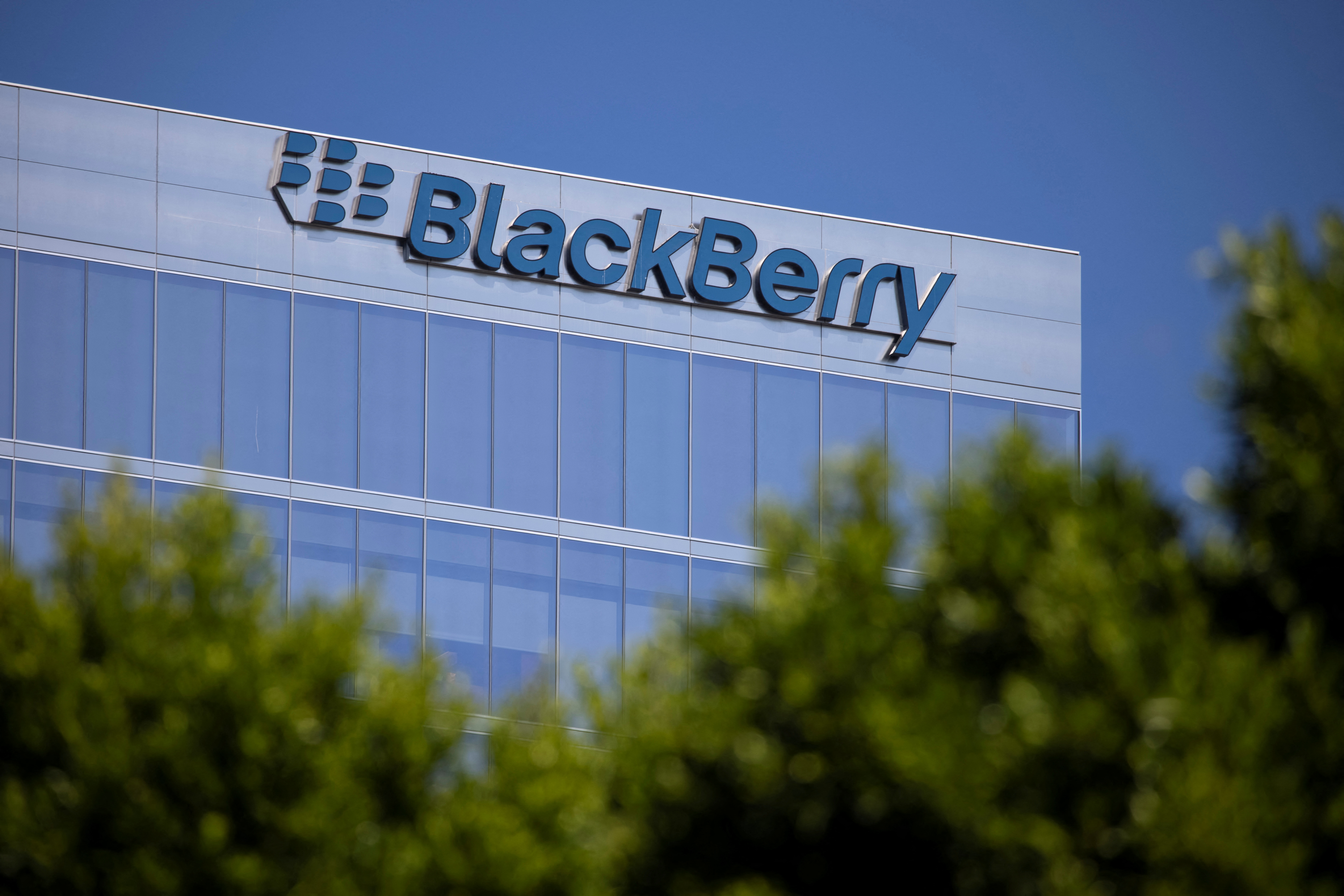 The Blackberry logo is shown on a office  tower in Irvine, California