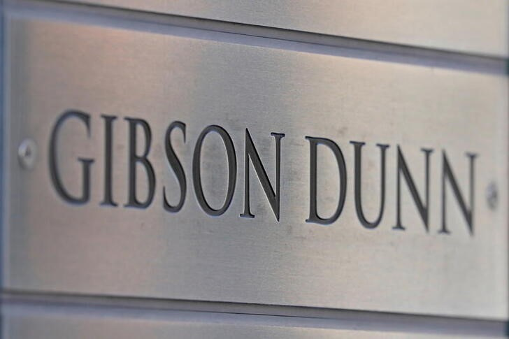 Signage is seen outside of the legal offices of the Gibson Dunn & Crutcher law firm in Washington, D.C.