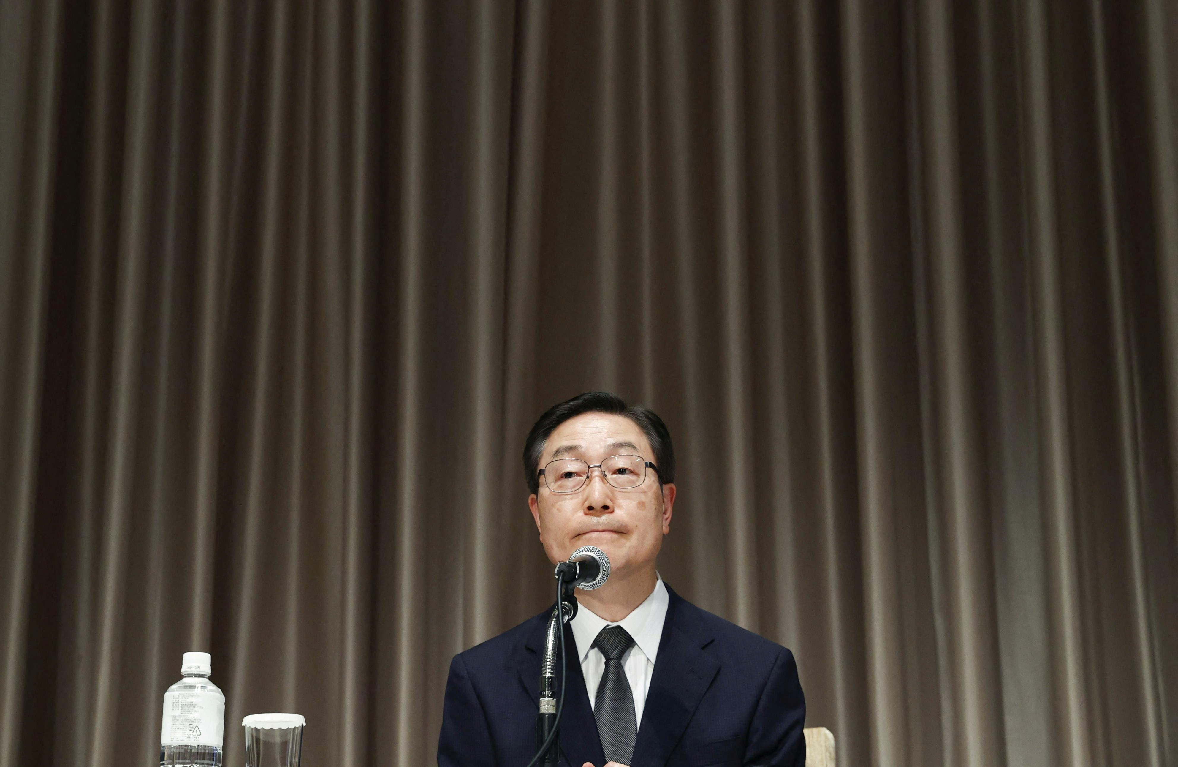 Tomihiro Tanaka, president of Unification Church attends a news conference in Tokyo