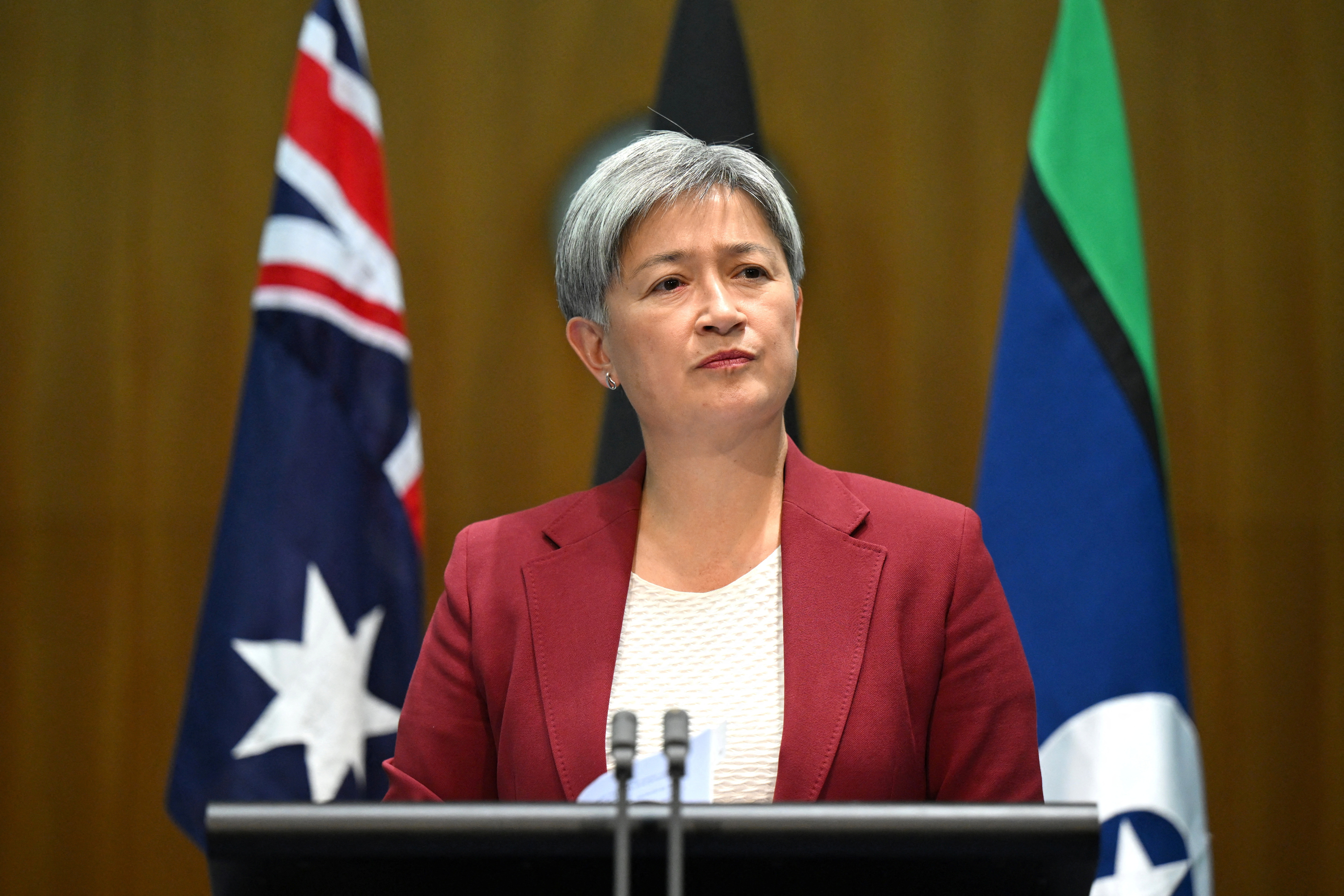 Australian Foreign Minister Penny Wong speaks to the media after holding a bilateral meeting with Chinese Foreign Minister Wang Yi at Parliament House, in Canberra