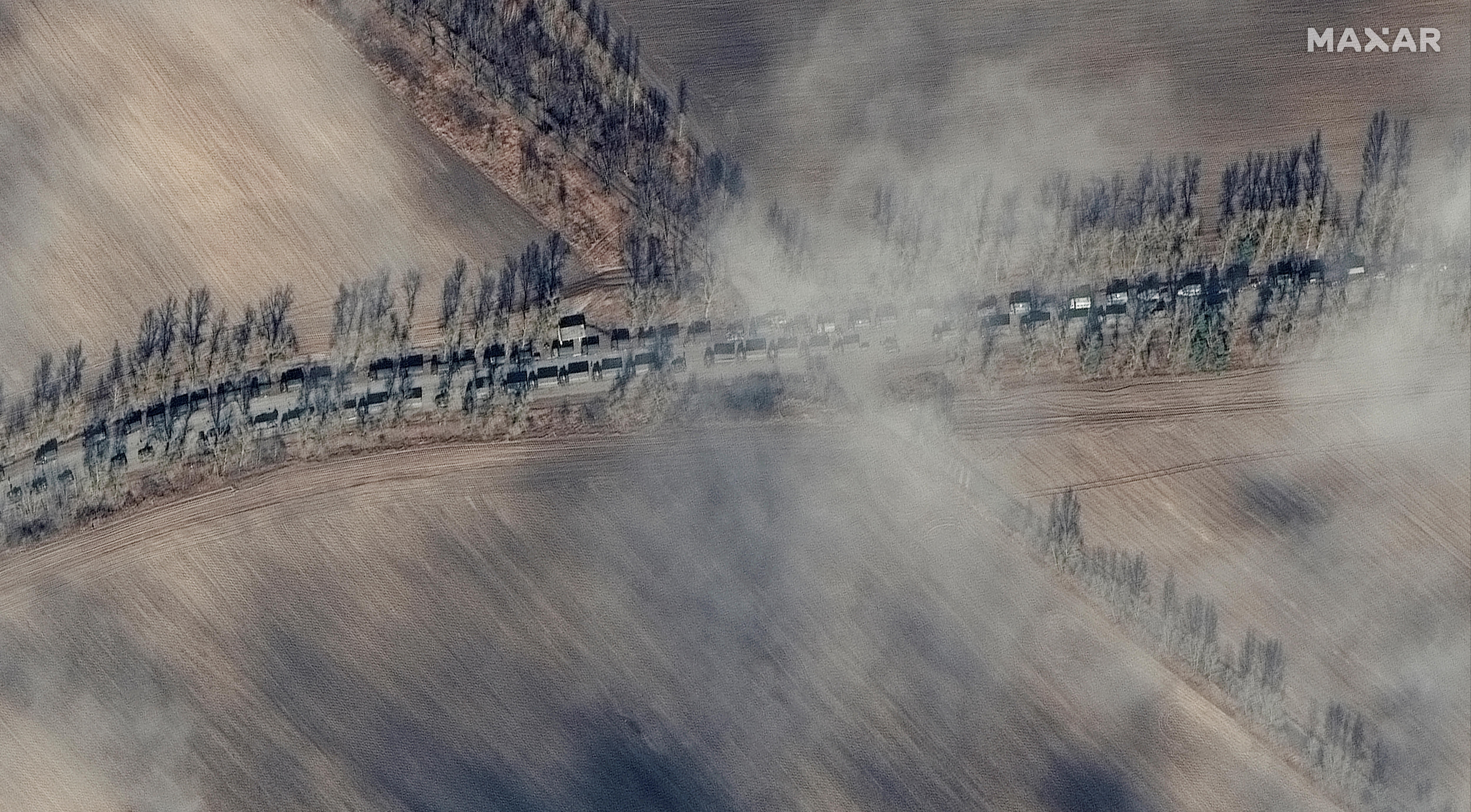 A satellite image shows Russian ground forces northeast of Ivankiv heading in the direction of Kyiv, Ukraine, February 27, 2022. Satellite image ©2022 Maxar Technologies/Handout via REUTERS 
