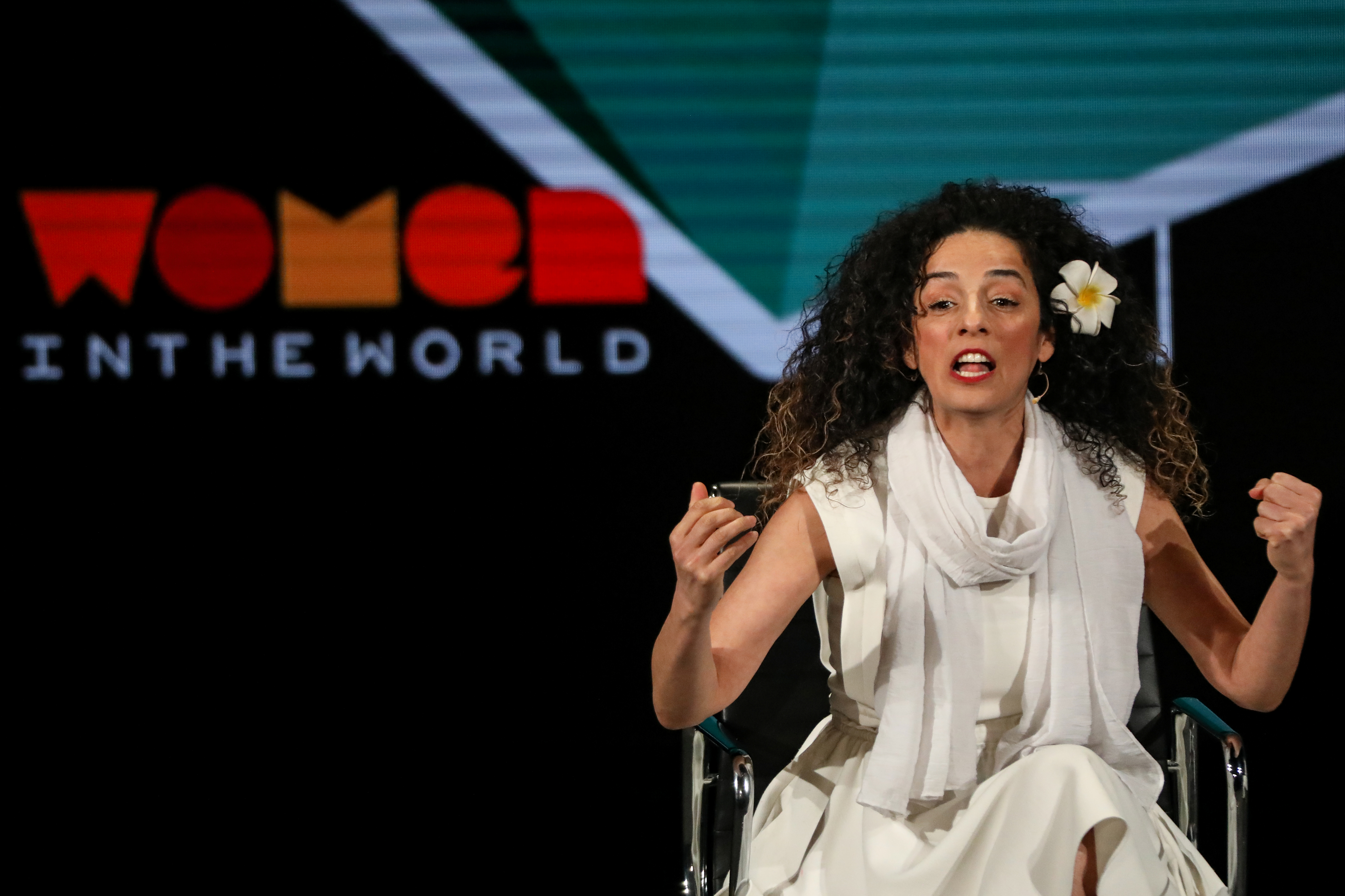 Masih Alinejad, Iranian journalist and women's rights activist, speaks on stage at the Women In The World Summit in New York