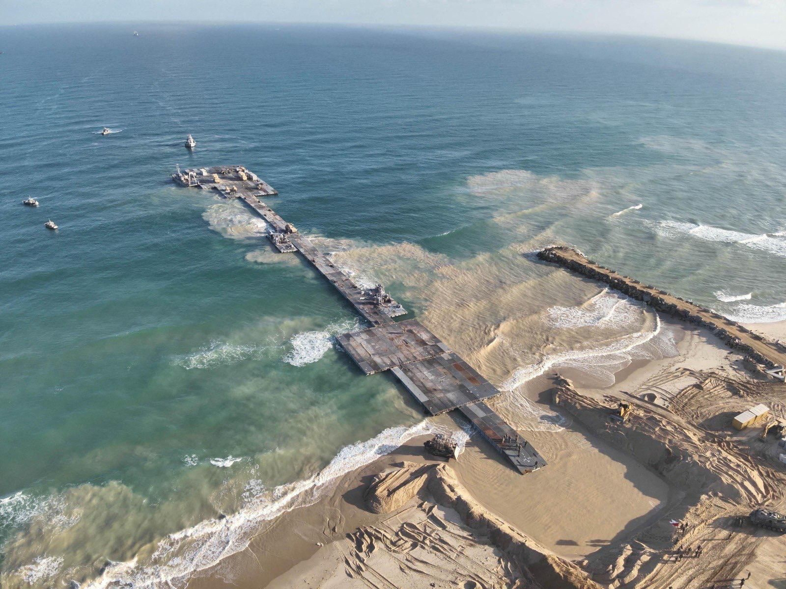 A temporary floating pier built to receive humanitarian aid in the Gaza Strip