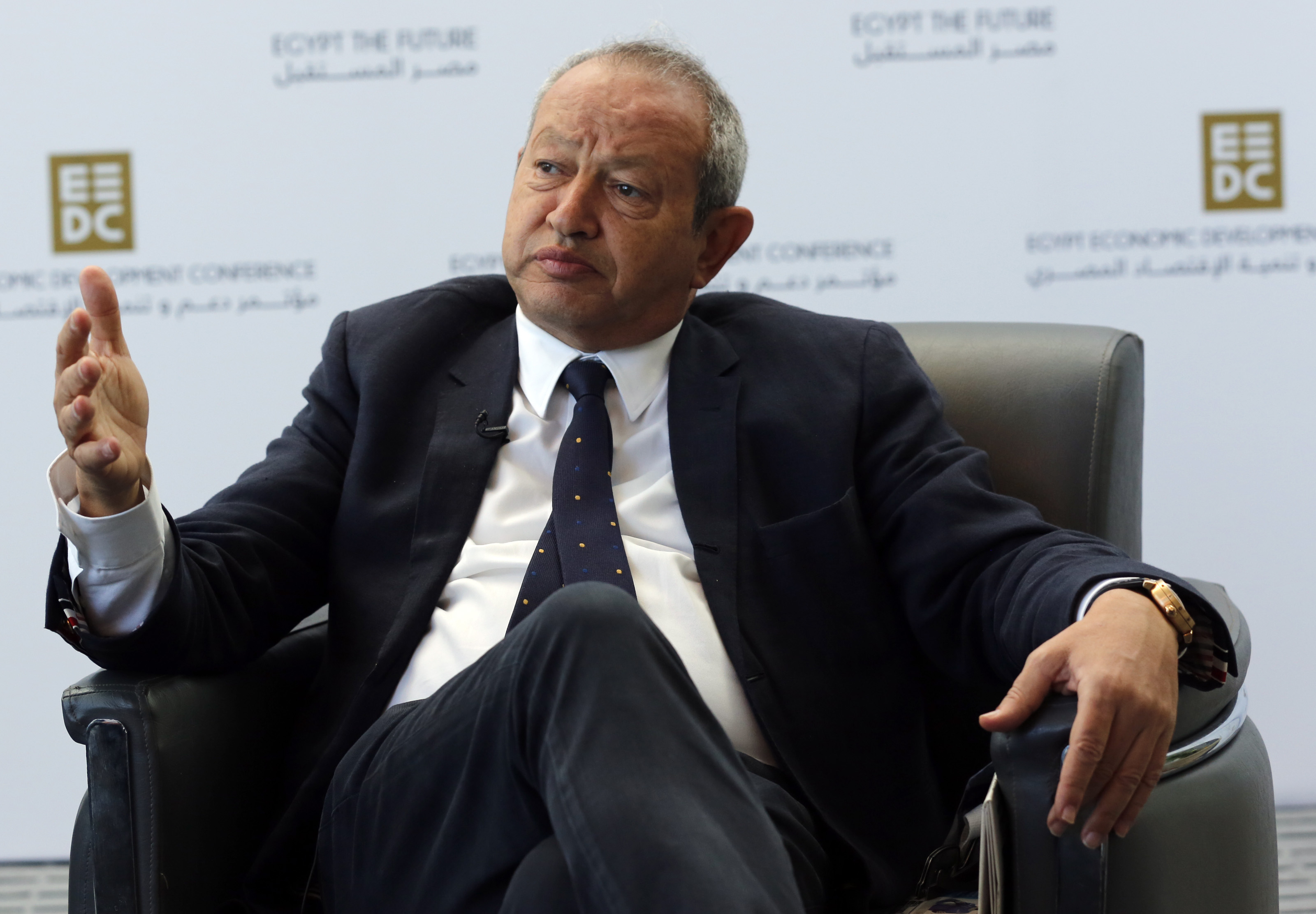 Egyptian billionaire Sawiris speaks during an interview with Reuters in Sharm el-Sheikh, in the South Sinai