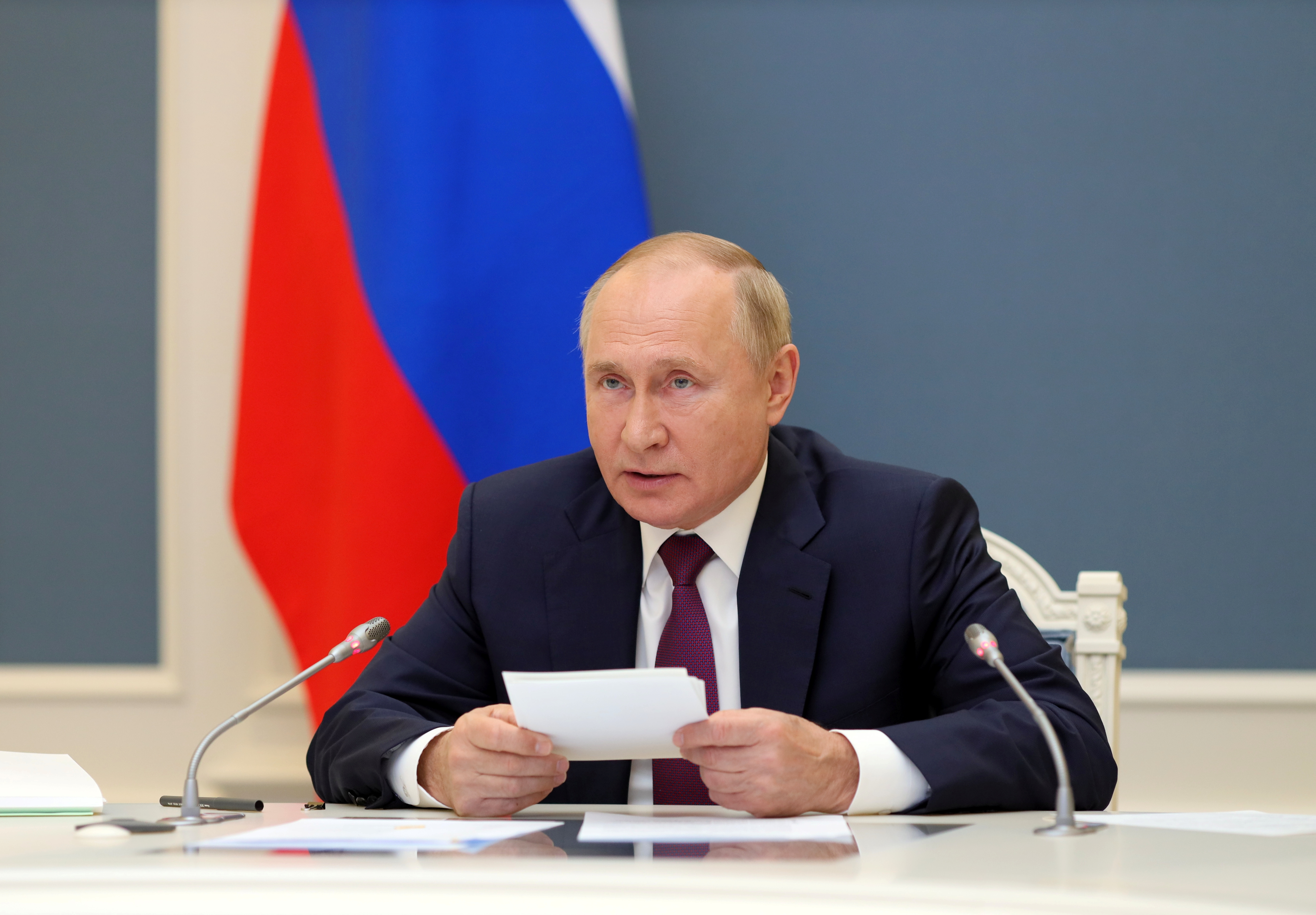 Russian President Vladimir Putin attends the G20 leaders summit via video link in Moscow