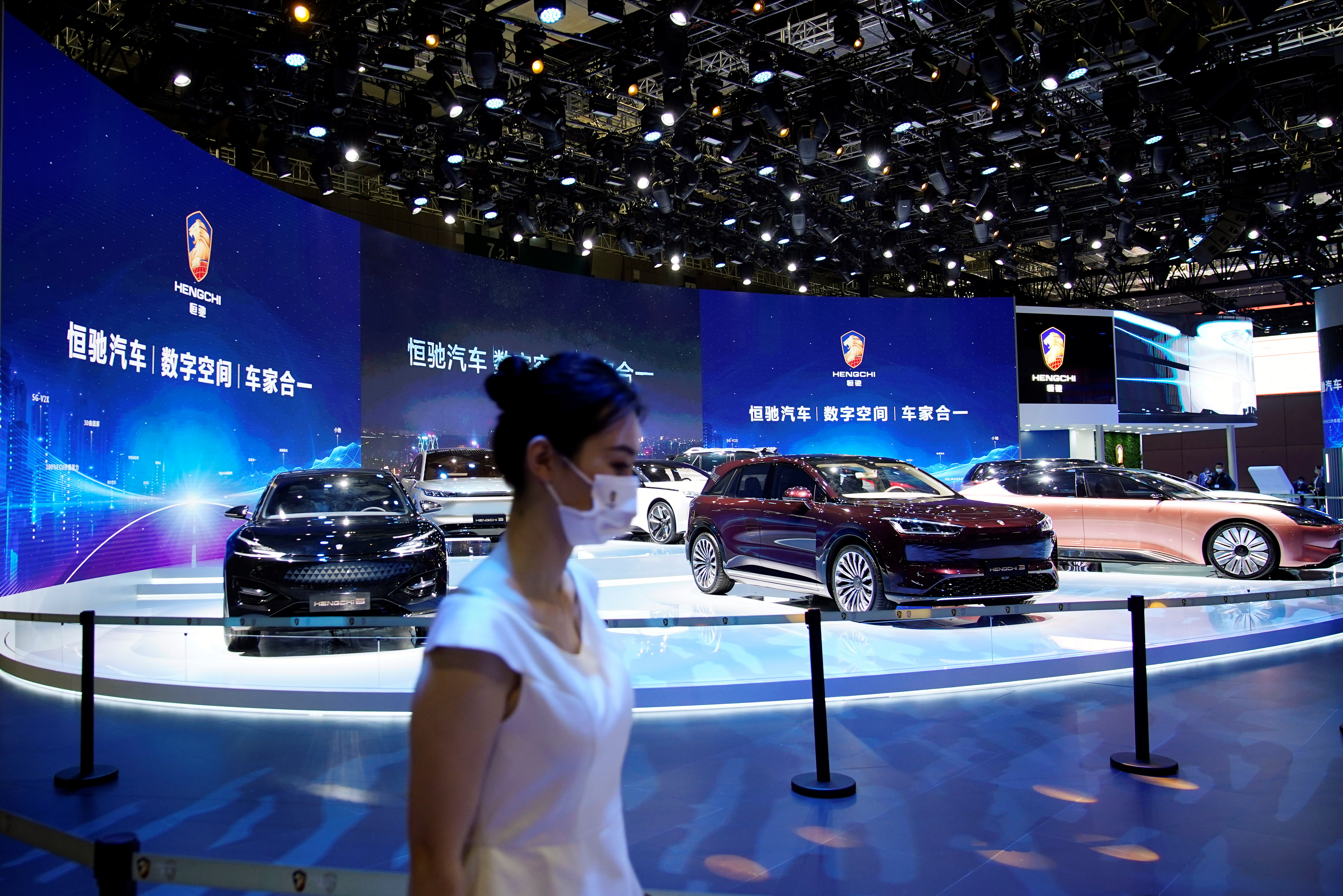 Evergrande Group's Hengchi electric vehicles (EV) are seen displayed at the Hengchi booth during a media day for the Auto Shanghai show in Shanghai, China April 19, 2021. REUTERS/Aly Song