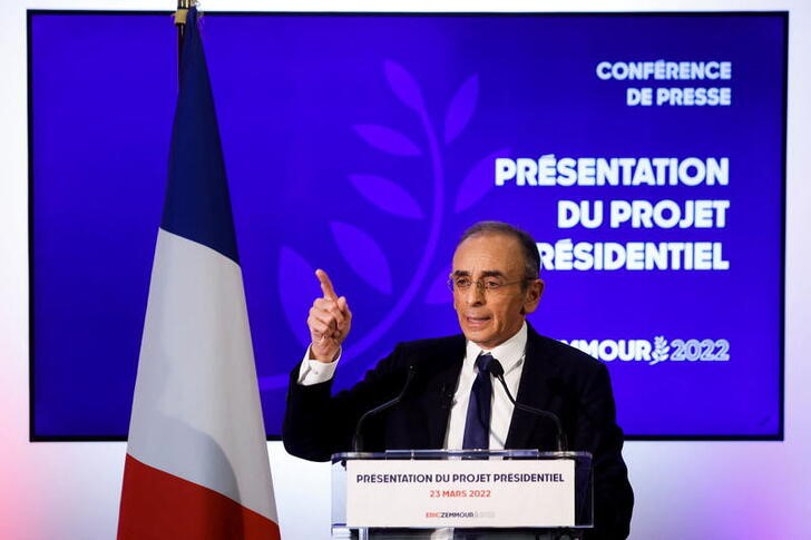 French far-right commentator Eric Zemmour, candidate for the 2022 French presidential election, attends a press conference to present his political program in Paris