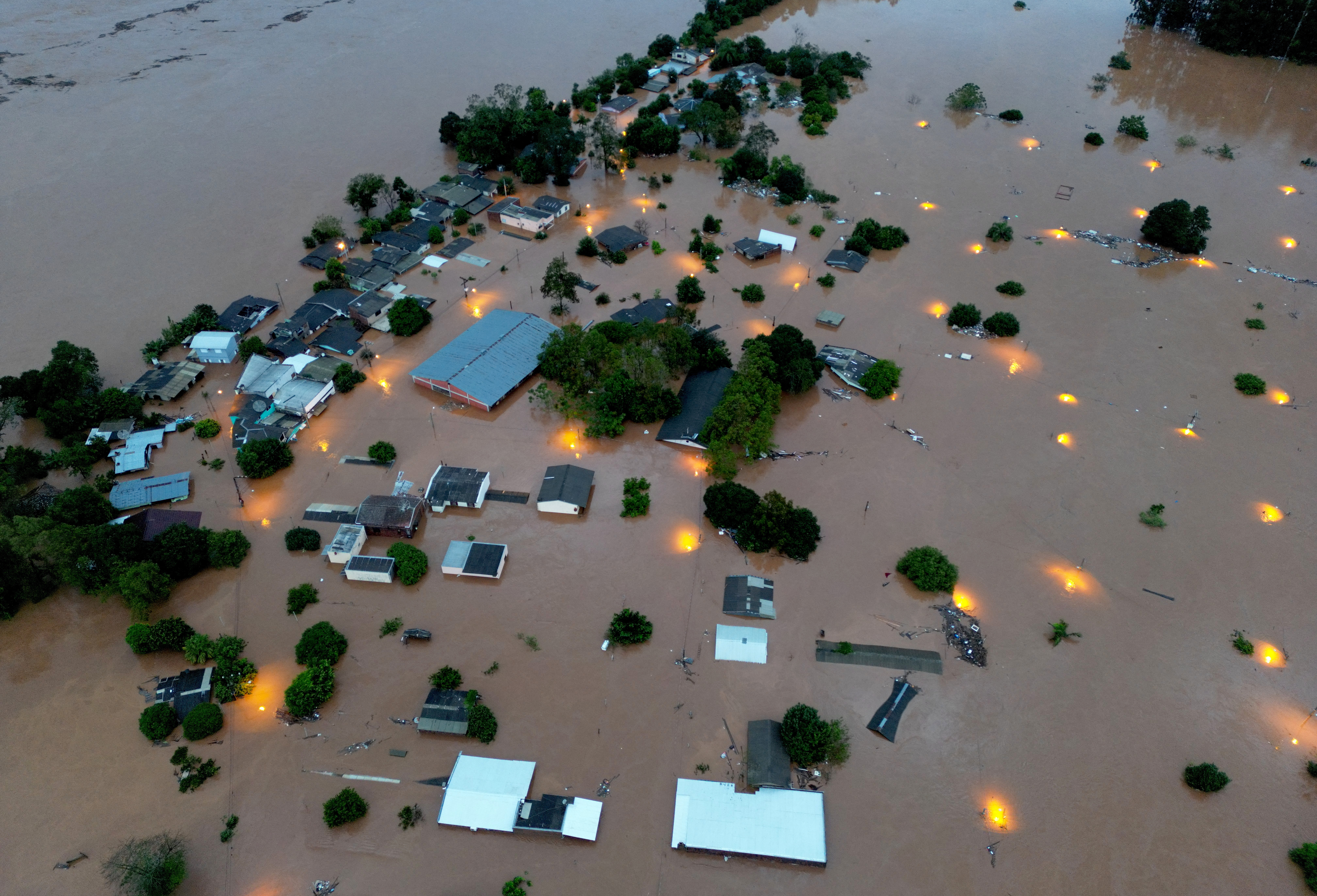 A drone view of the flooded area next to the Taquari River during heavy rains in the city of Encantado