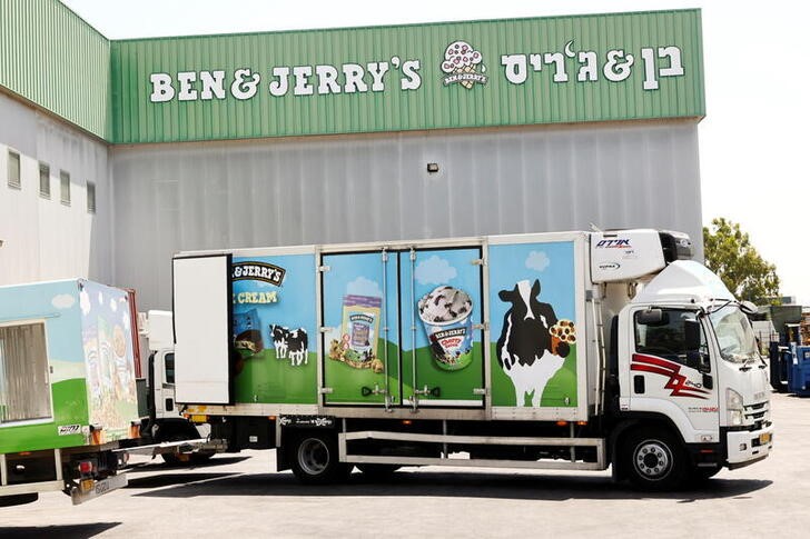 A Ben & Jerry's ice-cream delivery truck is seen at their factory in Be'er Tuvia, Israel