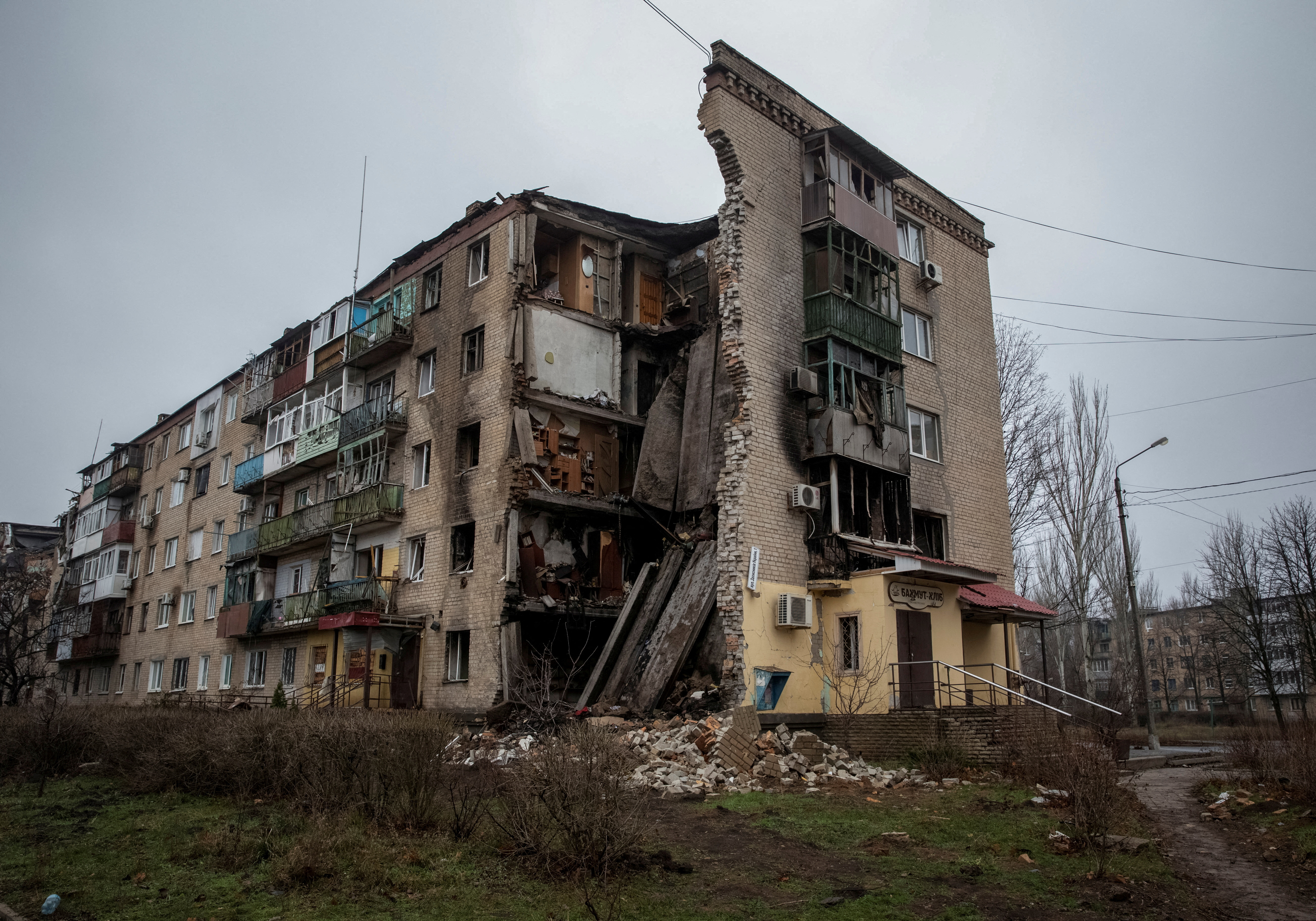 A view shows a residential building damaged by a Russian military strike in Bakhmut