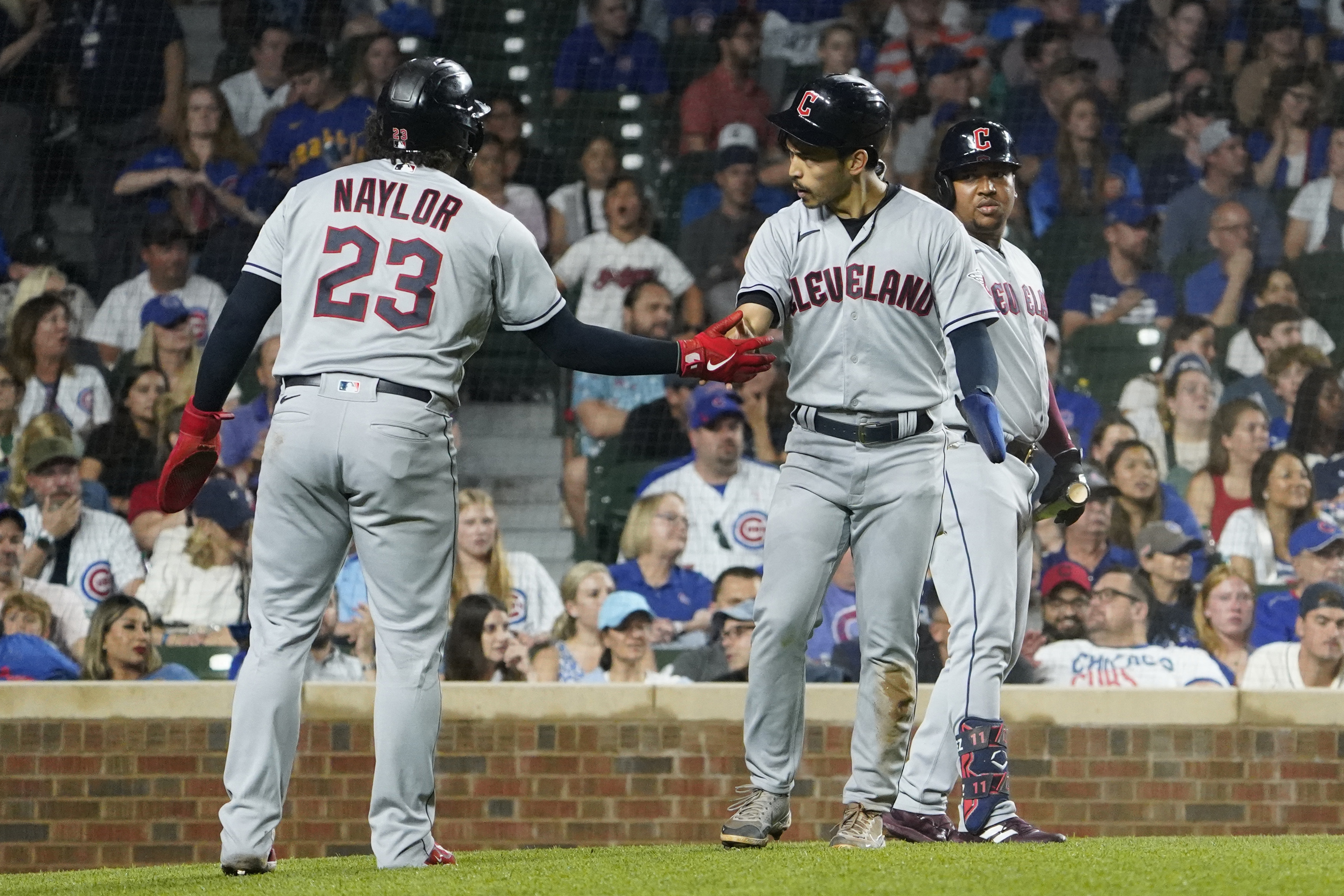 Cleveland Indians Jose Ramirez (11) bats in the eighth inning during Game 3  of the Major League Baseball World Series against the Chicago Cubs on  October 28, 2016 at Wrigley Field in