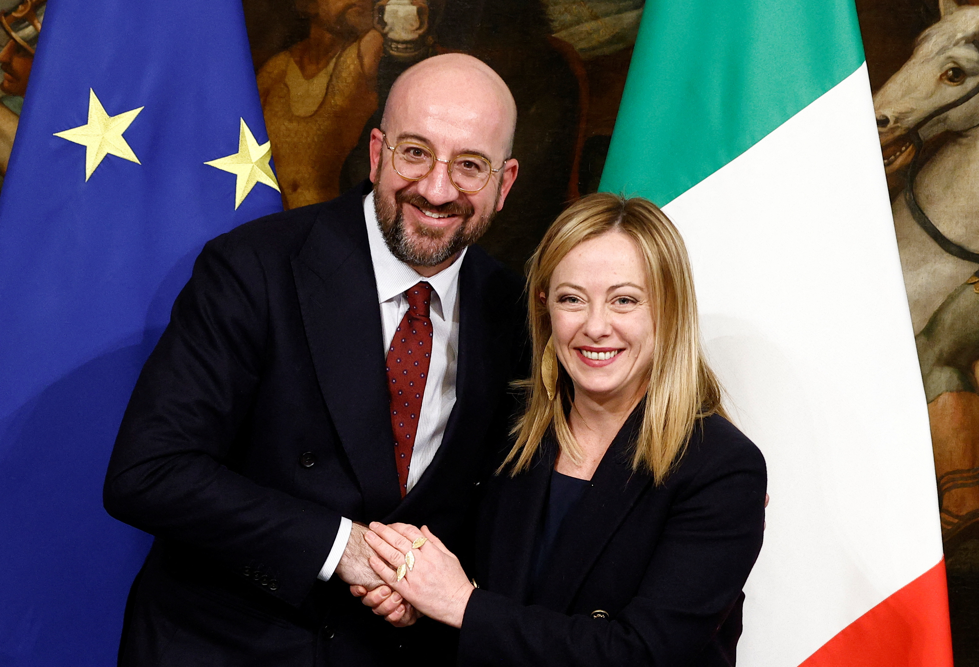 Italian PM Meloni and EU Council President Michel hold a news conference in Rome