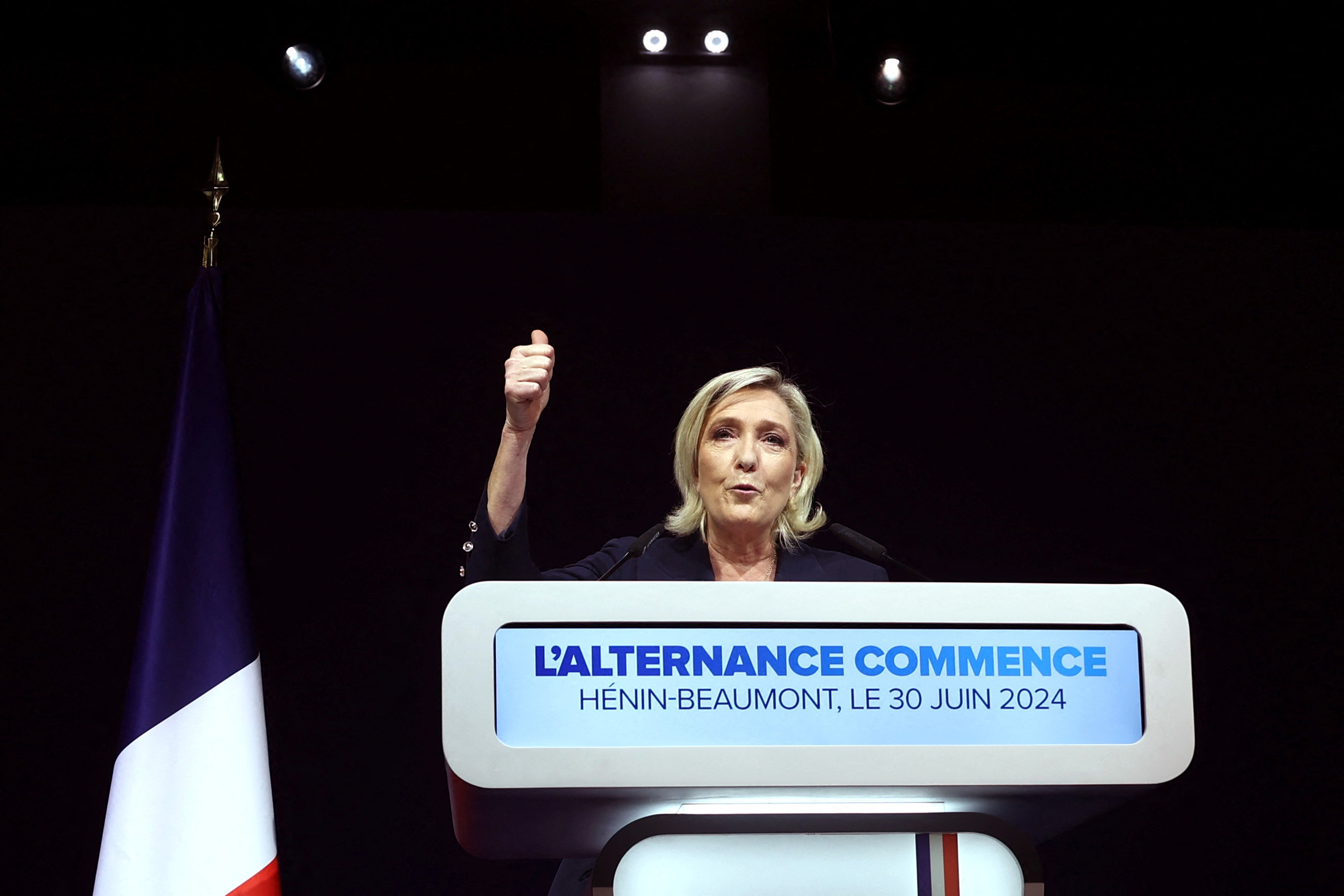 Marine Le Pen reacts after first round results of the 2024 snap legislative elections