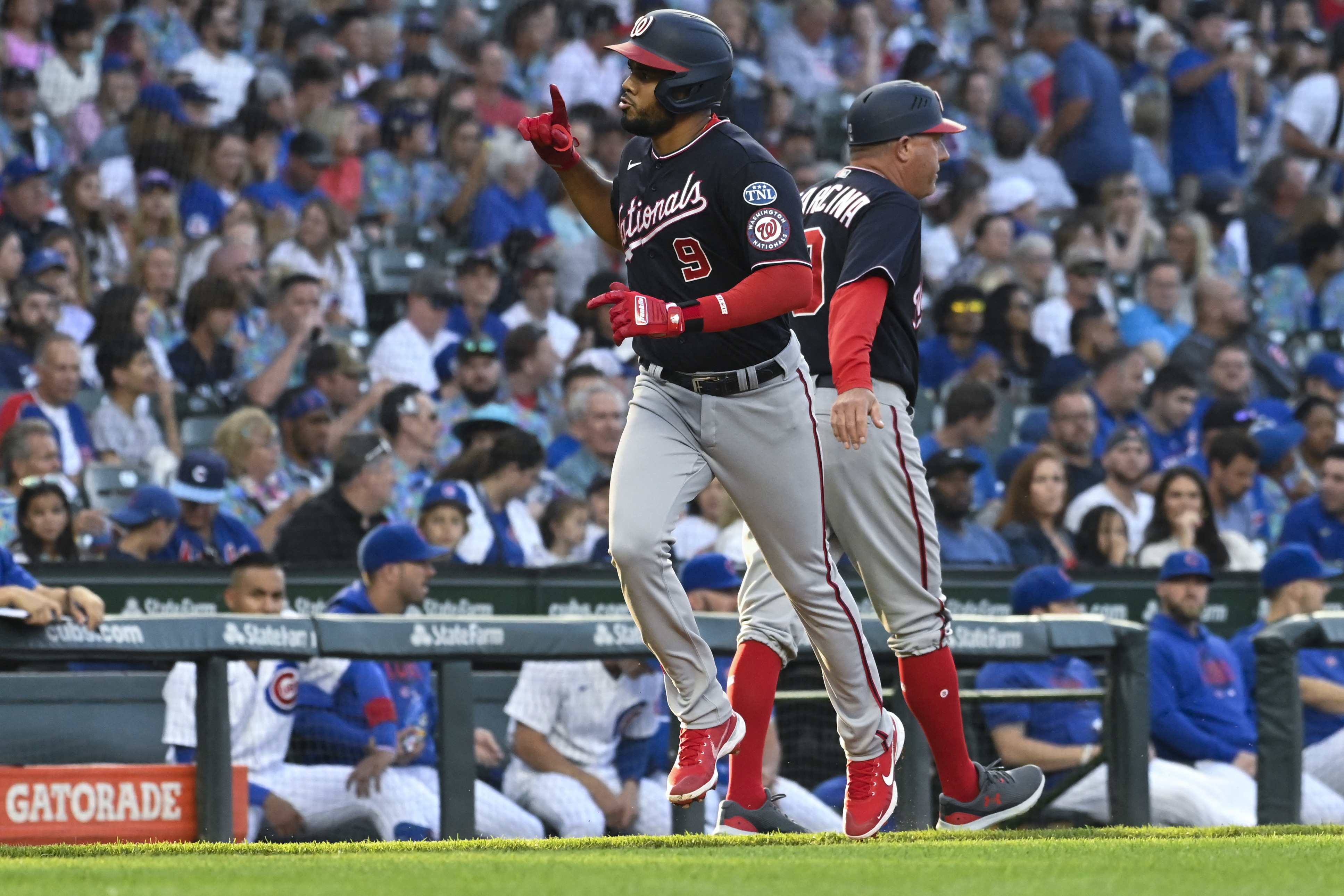 Washington Dc, United States. 04th May, 2023. Washington Nationals first  baseman Dominic Smith (22) catches the throw at first for the out at the  Washington Nationals vs Chicago Cubs game at Nationals