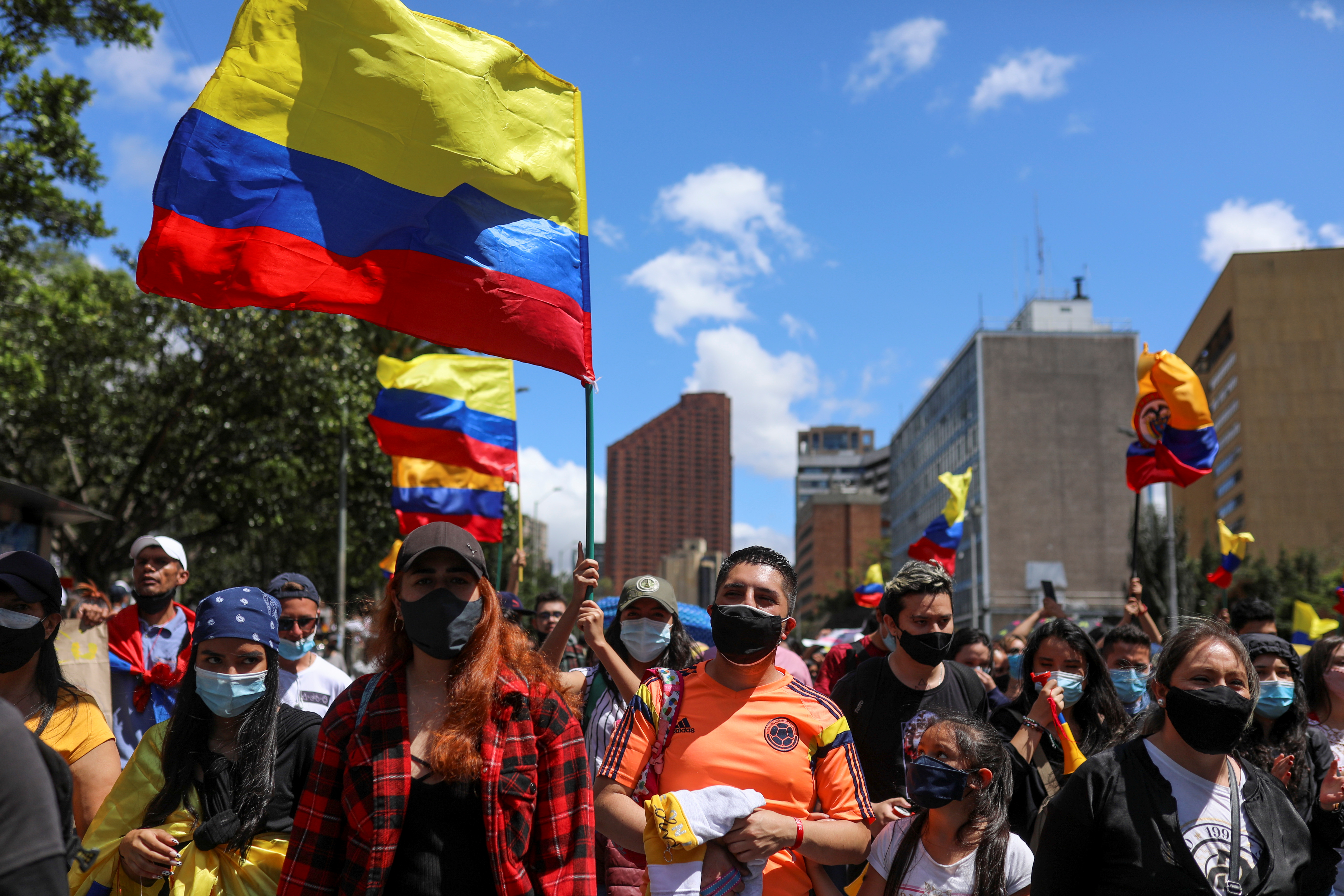 Demonstrators take part in a protest in Bogota, Colombia, May 9, 2021.