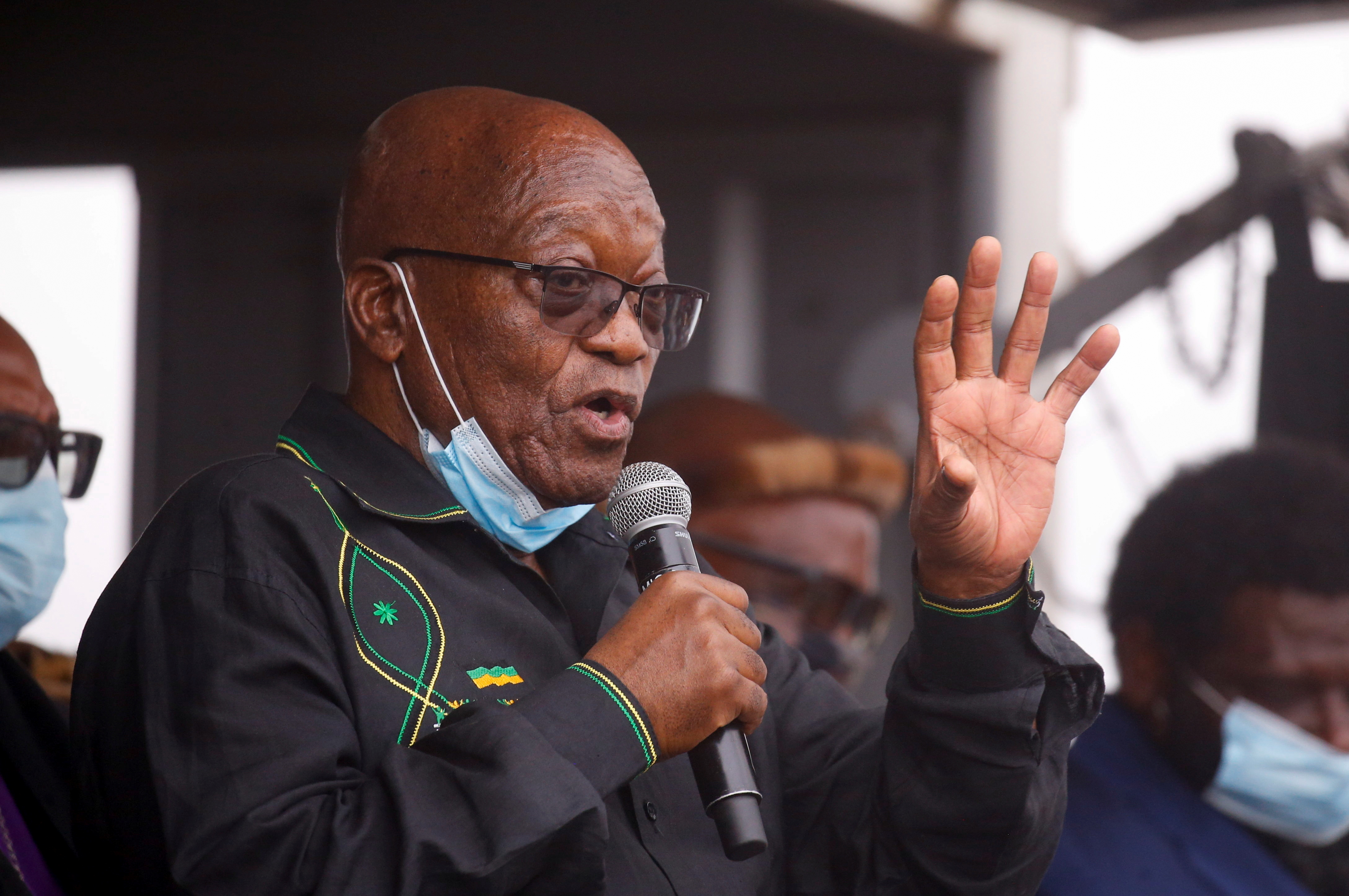 Former South African president Jacob Zuma speaks to supporters who gathered at his home in Nkandla