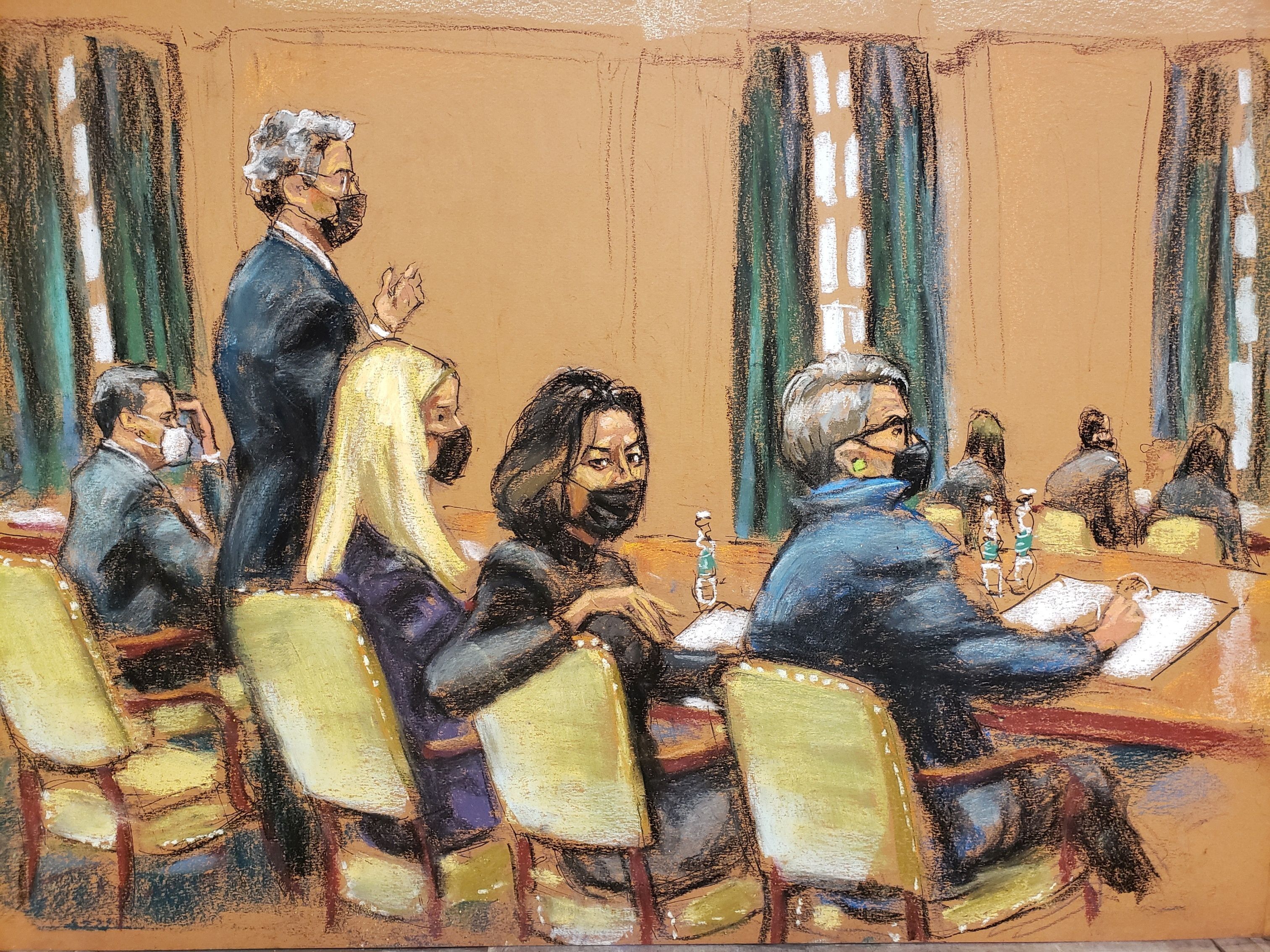 Ghislaine Maxwell sits with her lawyers Christian Everdell, Jeffrey Pagliuca, Bobbi Sternheim and Laura Menninger during jury selection in the trial of Maxwell, Jeffrey Epstein's associate accused of sex trafficking, in a courtroom sketch in New York City, U.S., November 16, 2021. REUTERS/Jane Rosenberg