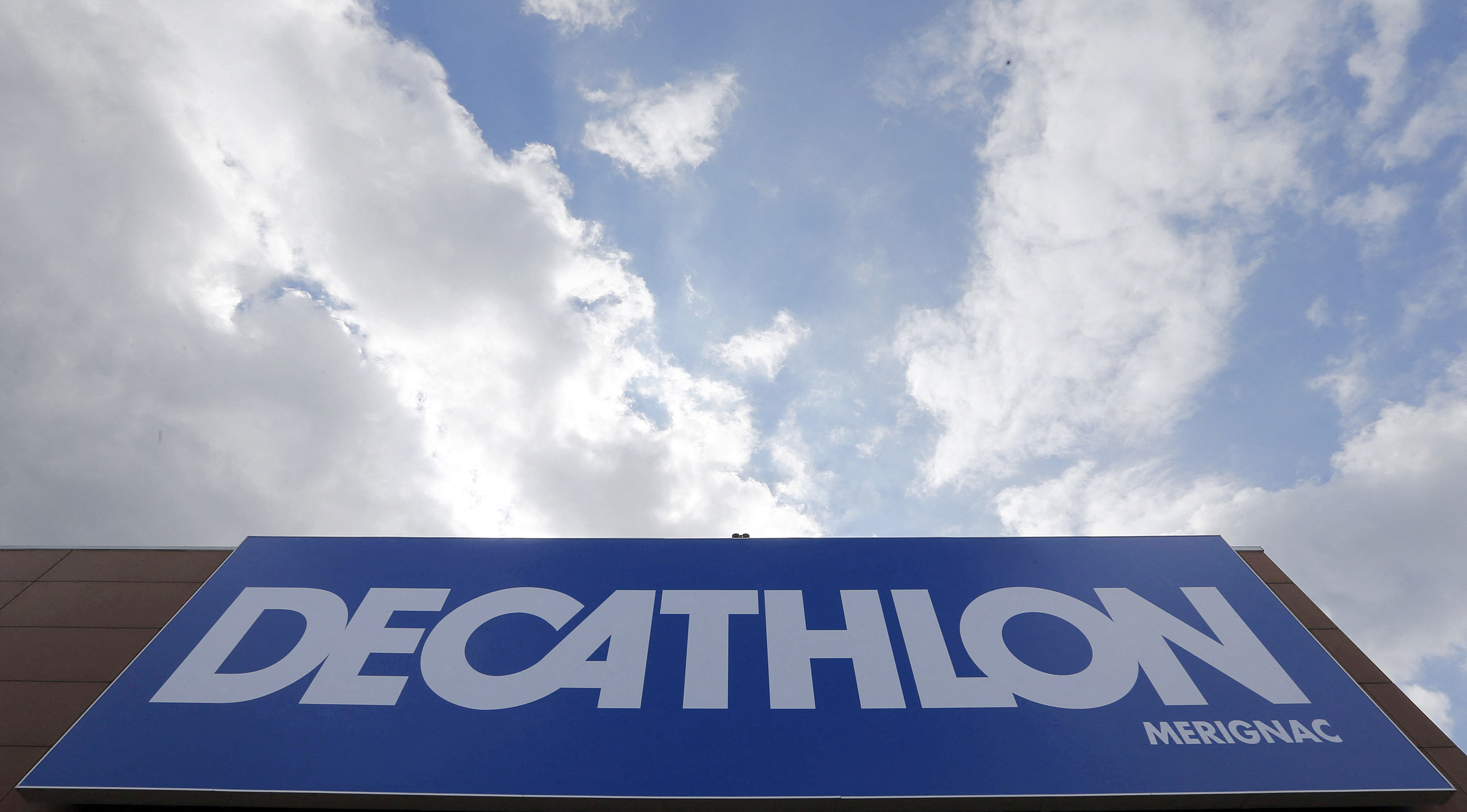 The logo of Decathlon is seen at the entrance of the French sports equipment and sportswear company Decathlon store in Merignac near Bordeaux
