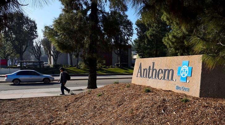 A sign at the office building of health insurer Anthem is seen in Los Angeles, California