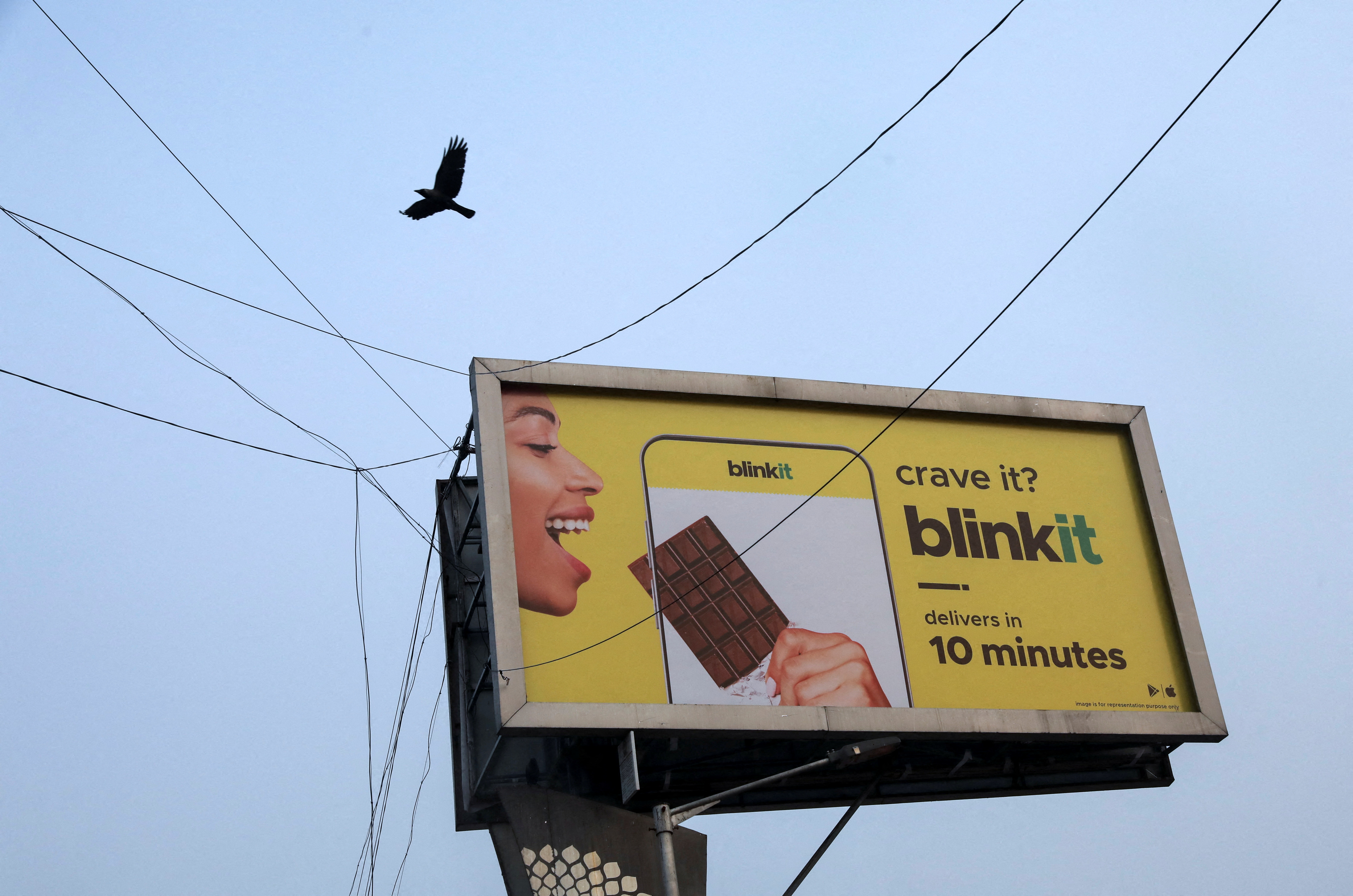 A bird flies over a hoarding featuring an advertisement of the SoftBank-funded Blinkit in New Delhi