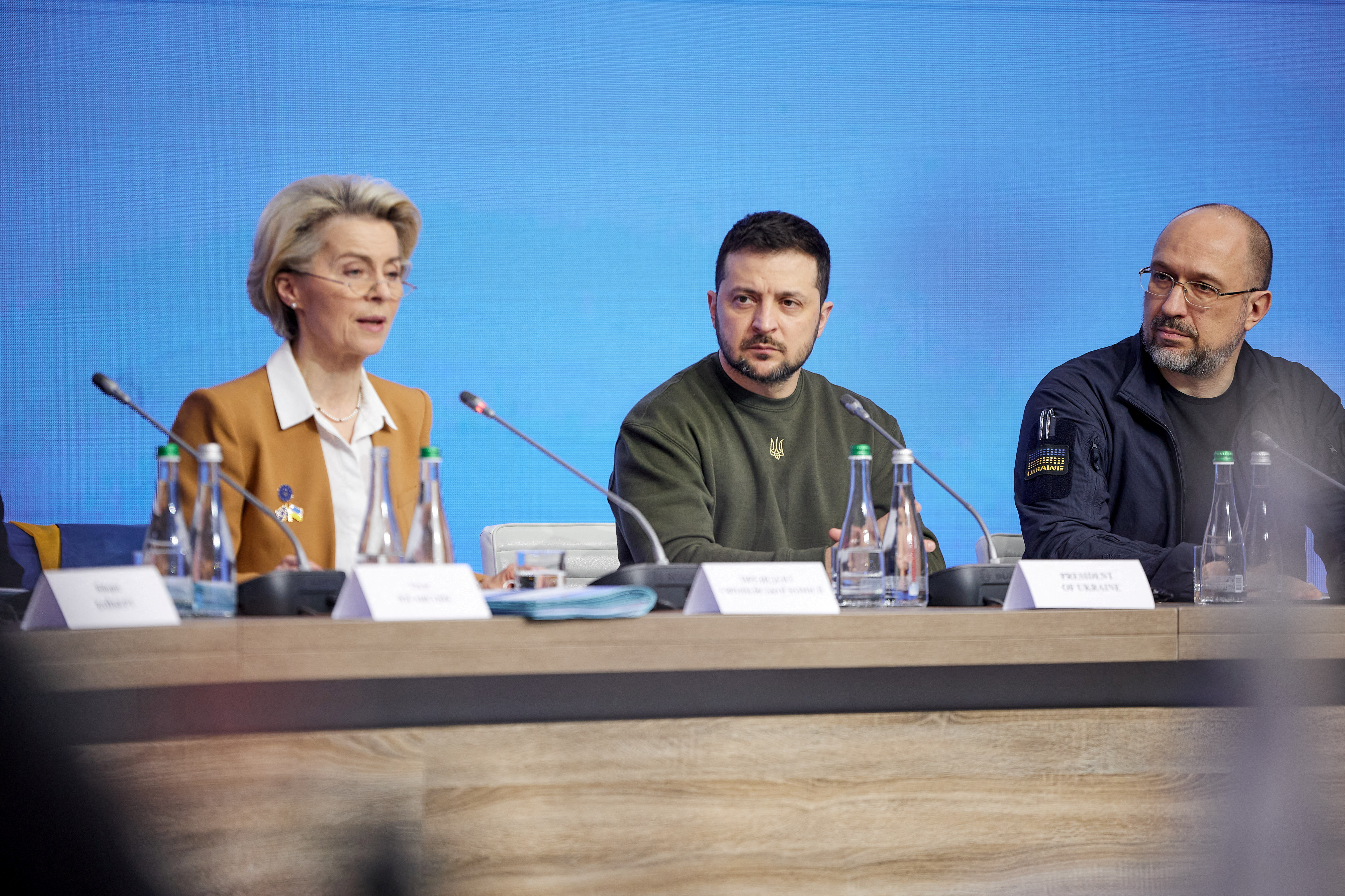Ukraine's President Zelenskiy, Prime Minister Shmyhal and European Commission President von der Leyen attend EU summit in Kyiv
