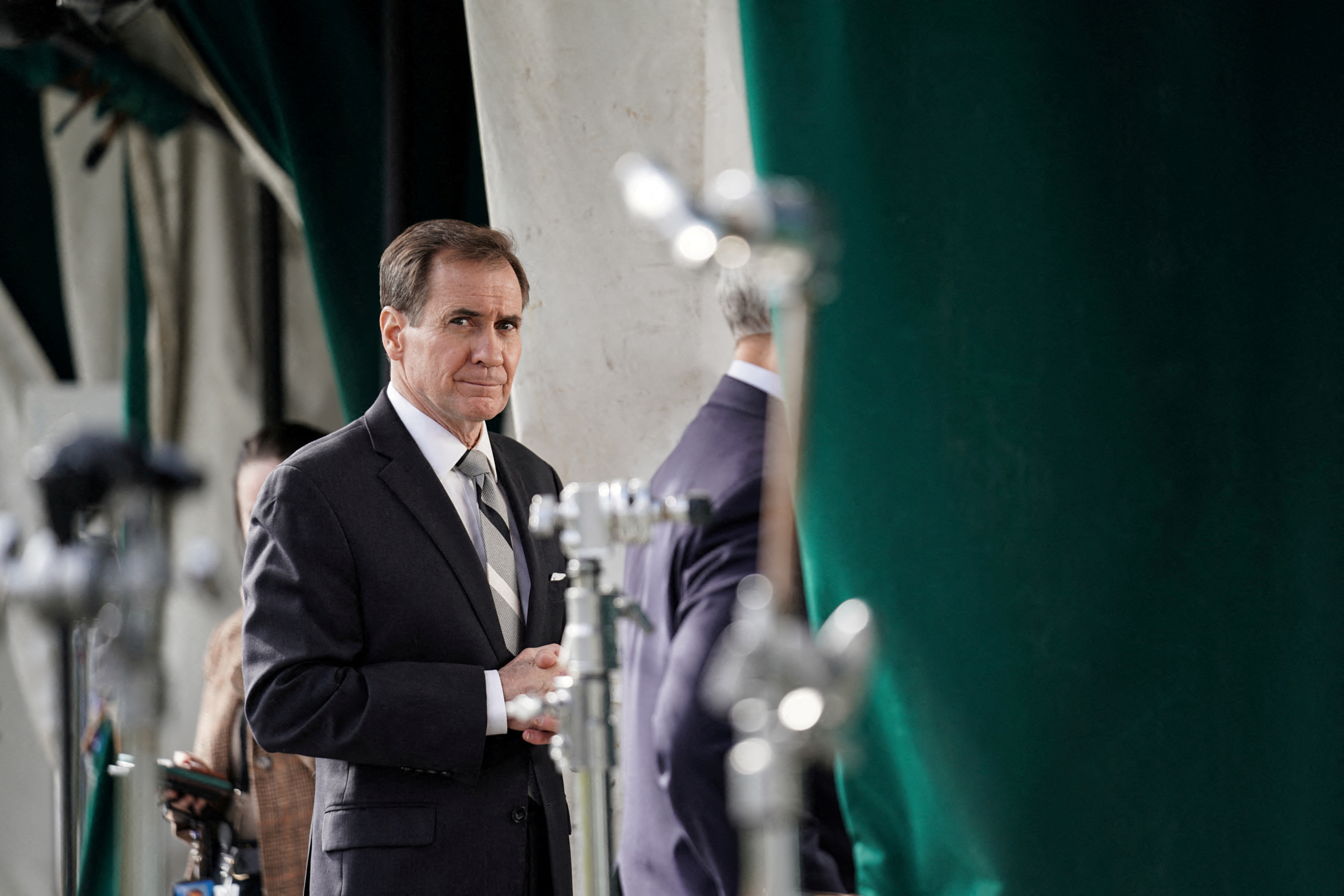 National Security Council Coordinator for Strategic Communications John Kirby speaks to reporters at the White House in Washington