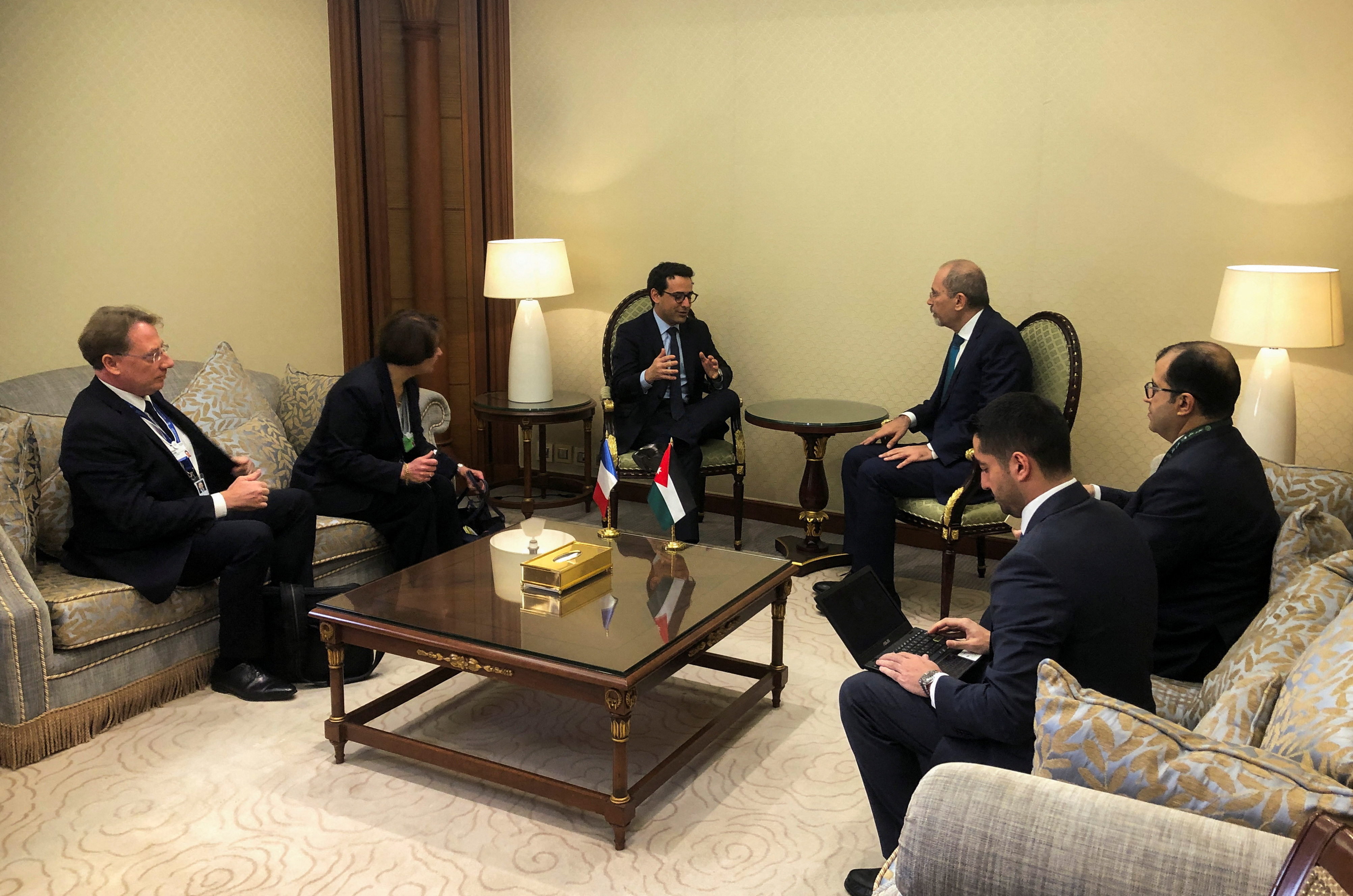 French Foreign Minister Stephane Sejourne meets with Jordan's Foreign Minister Ayman Safadi at the Ritz-Carlton hotel in Riyadh