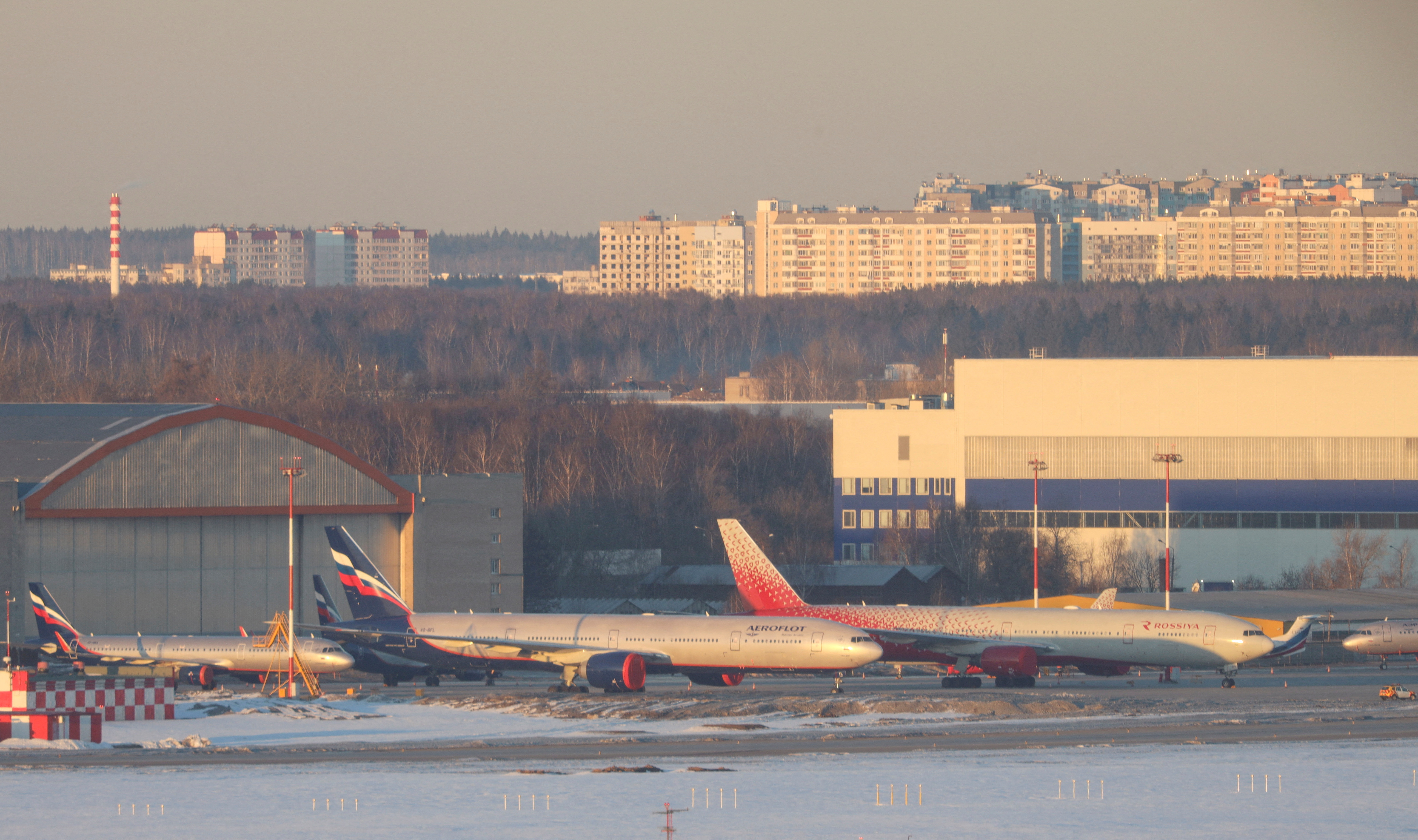 Planes are parked at Sheremetyevo International Airport in Moscow