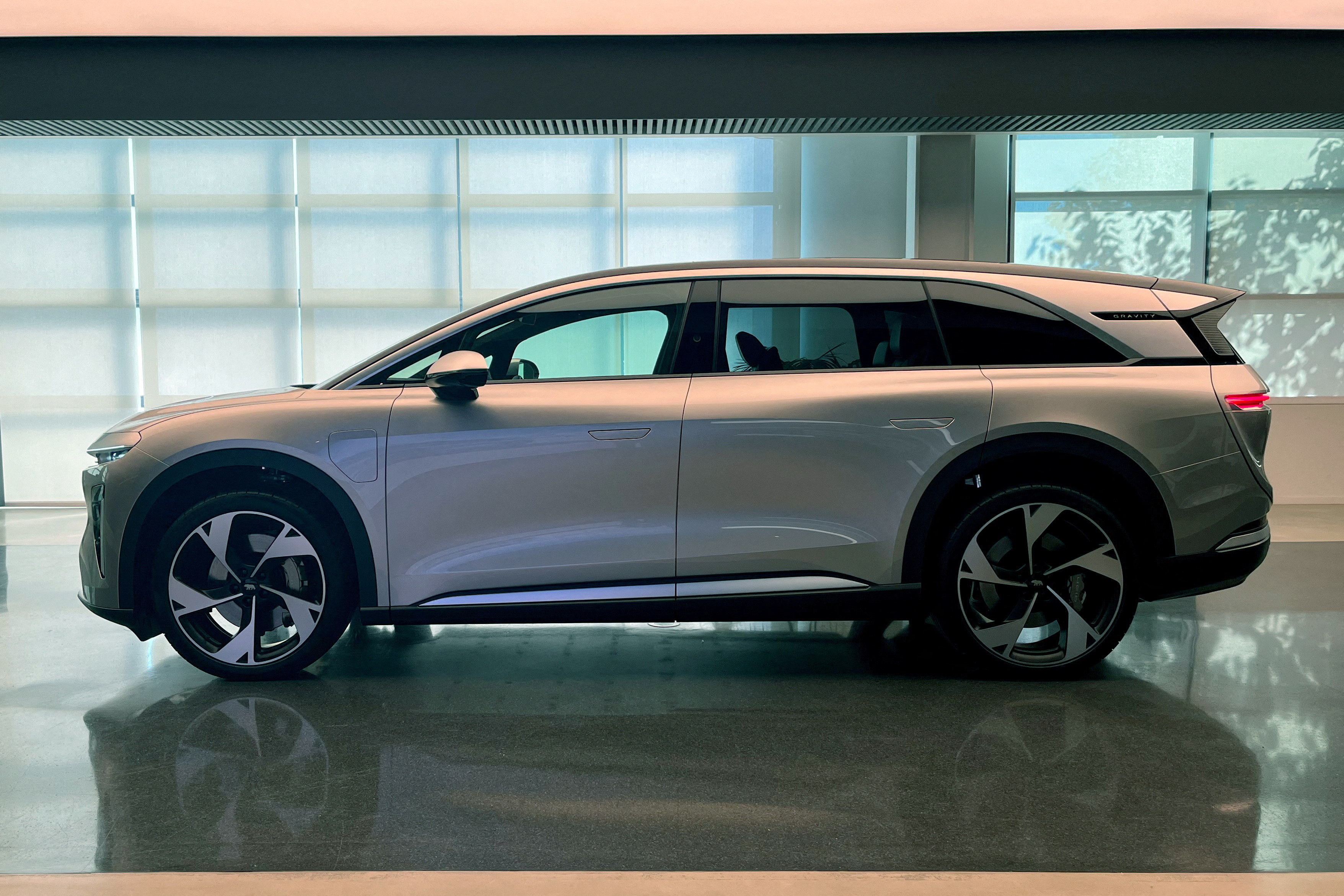 Lucid’s Gravity electric SUV is seen in a preview at Lucid’s headquarters in Newark