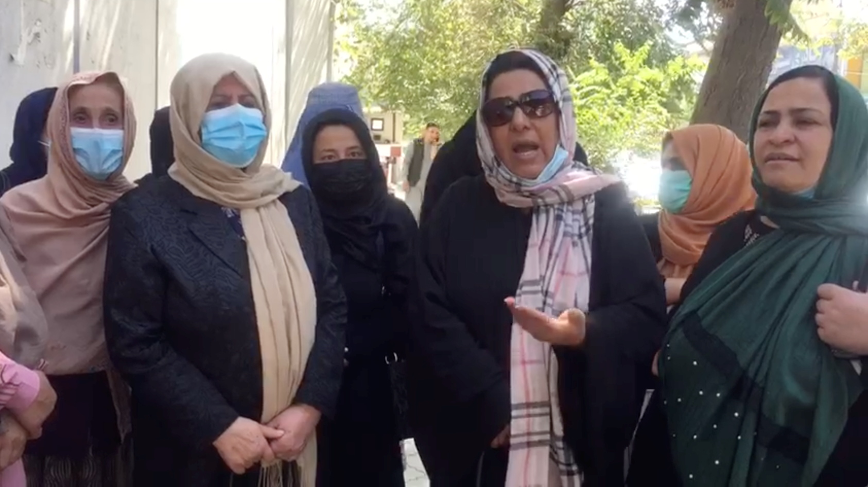 A group of women gather for a protest in Kabul