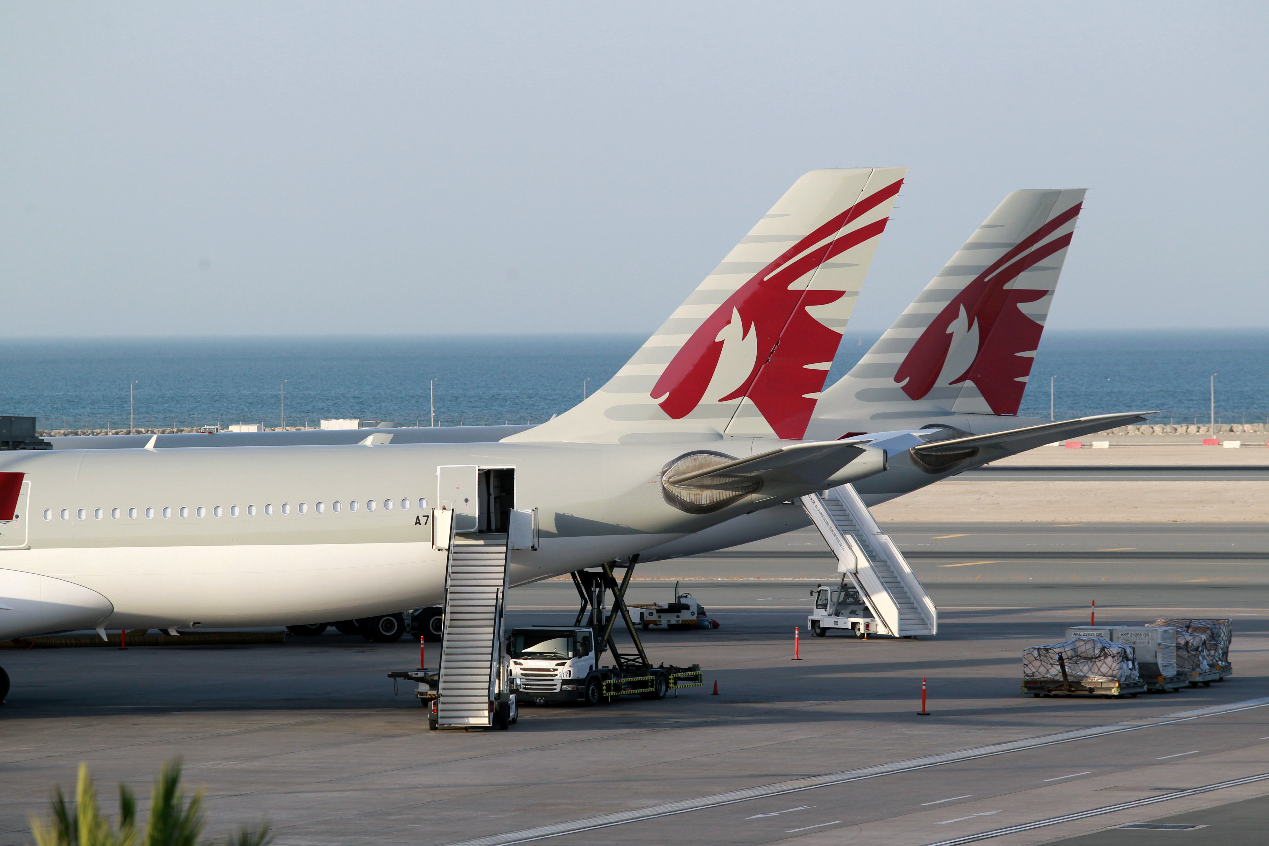 Qatar Airways aircrafts are seen at Hamad International Airport in Doha