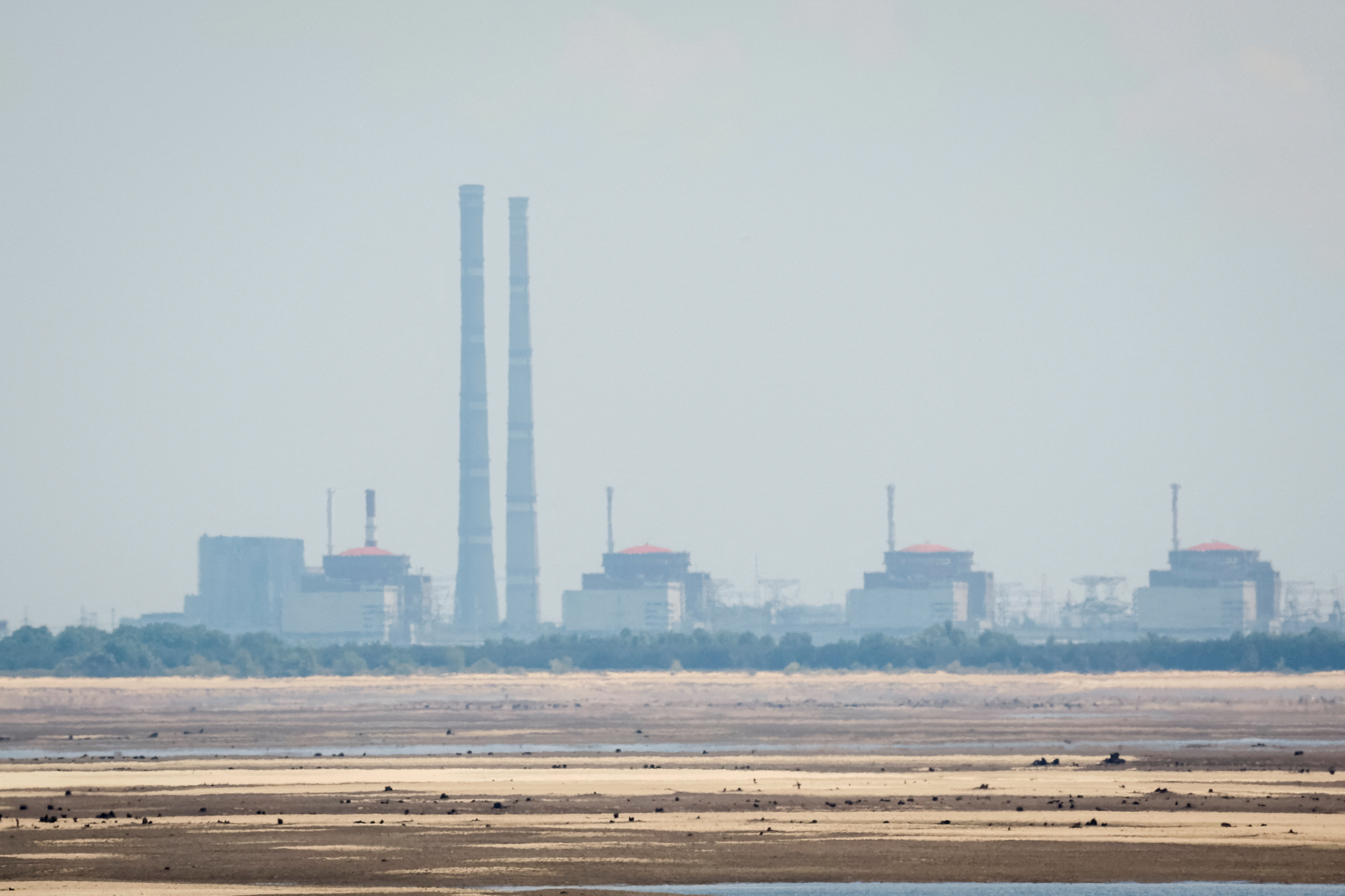 View shows Zaporizhzhia Nuclear Power Plant from the bank of Kakhovka Reservoir in Nikopol