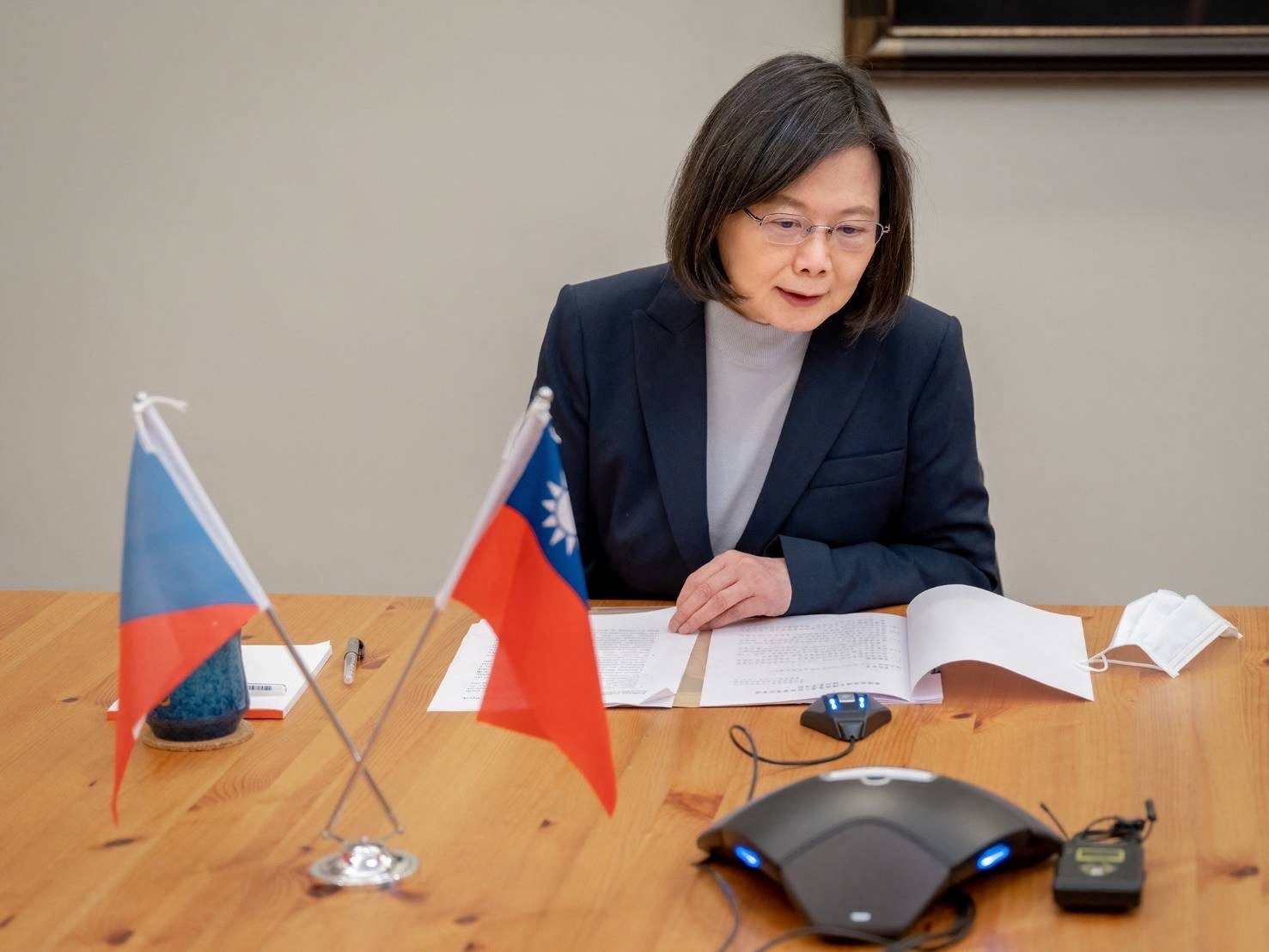 Taiwan President Tsai Ing-wen speaks with Czech President-elect Petr Pavel on a conference call in Taipei