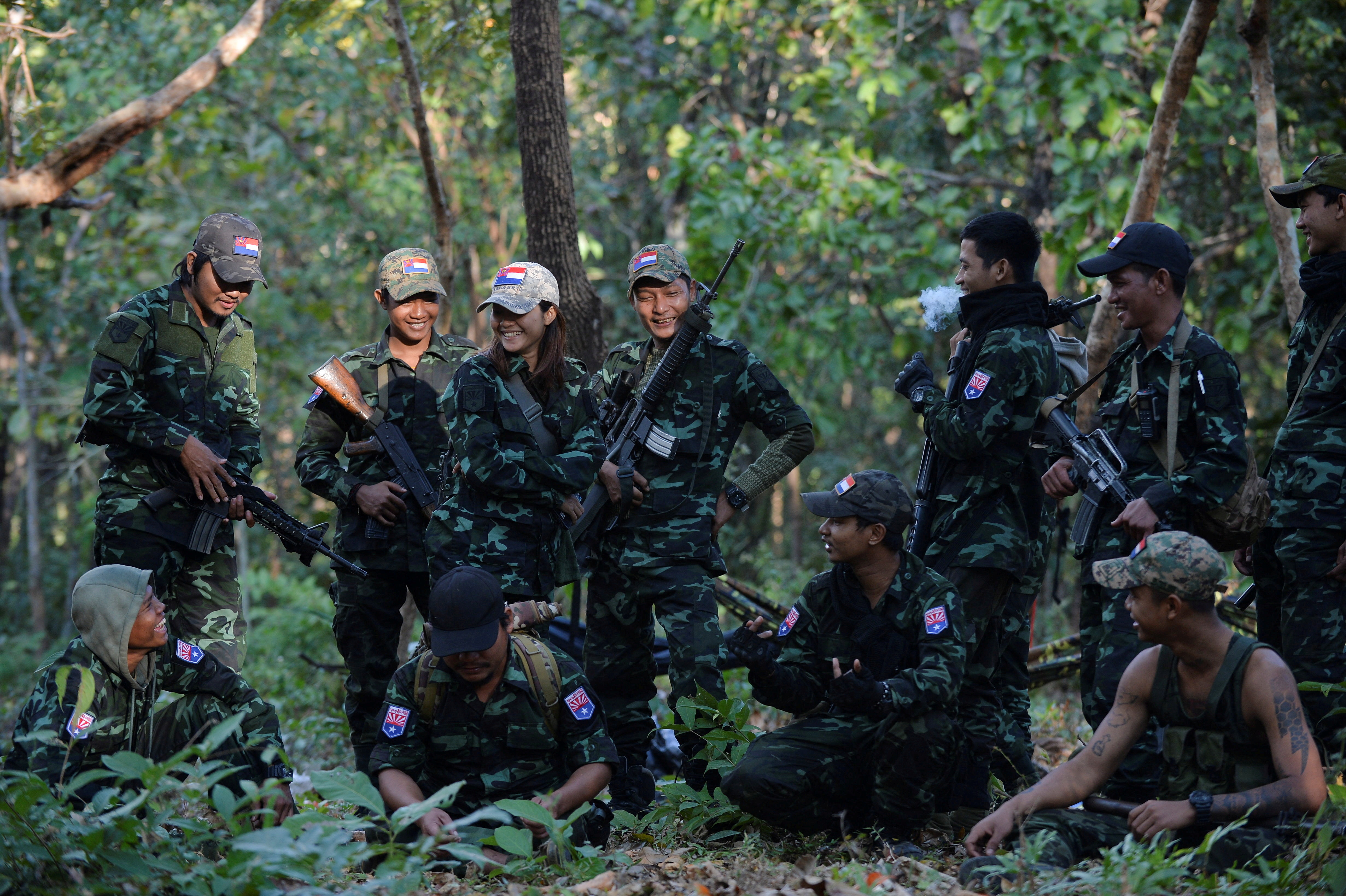 Members of the People's Defence Force (PDF) at the front line in Kawkareik, Myanmar
