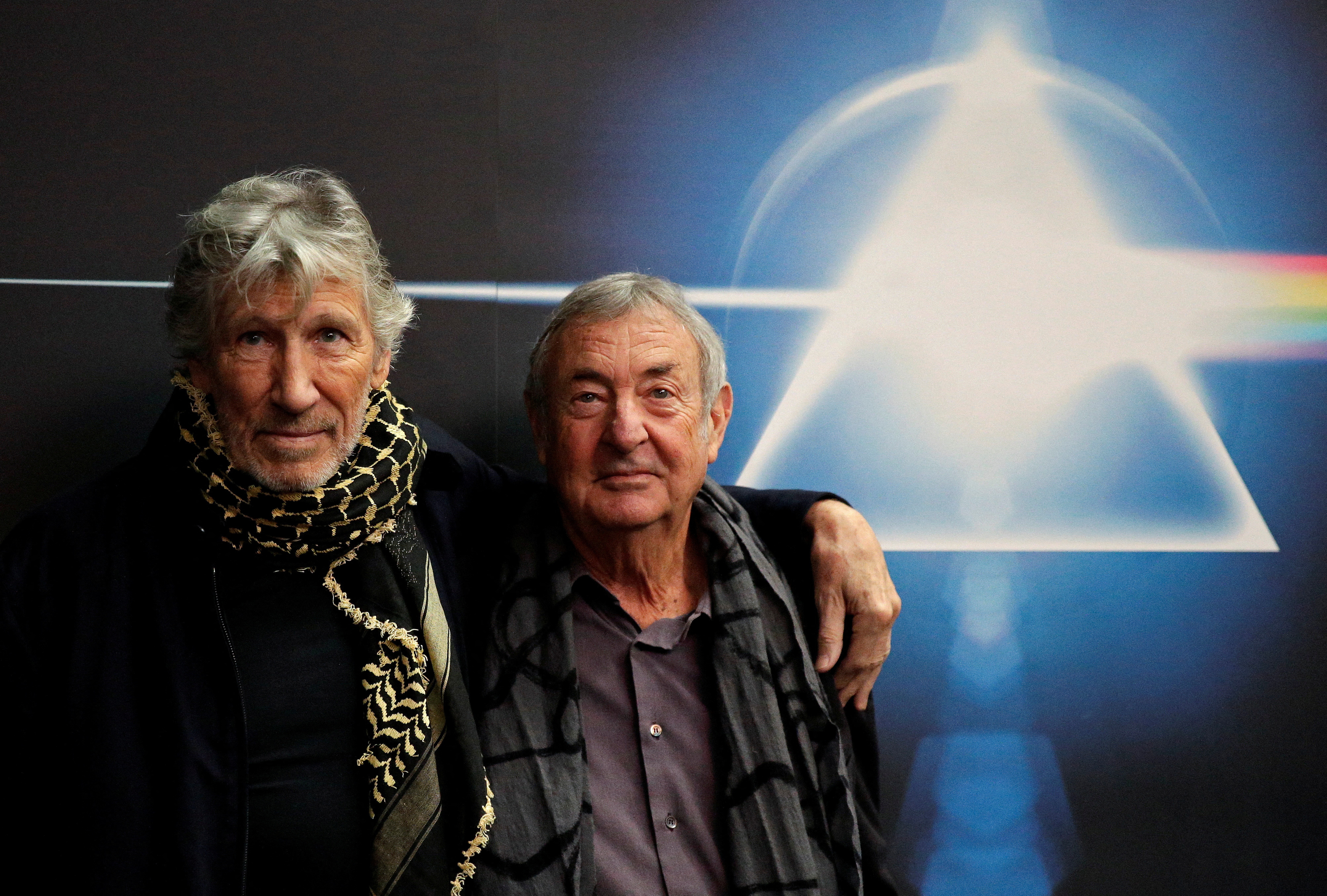 Band members Roger Waters and Nick Mason pose before the unveiling of 