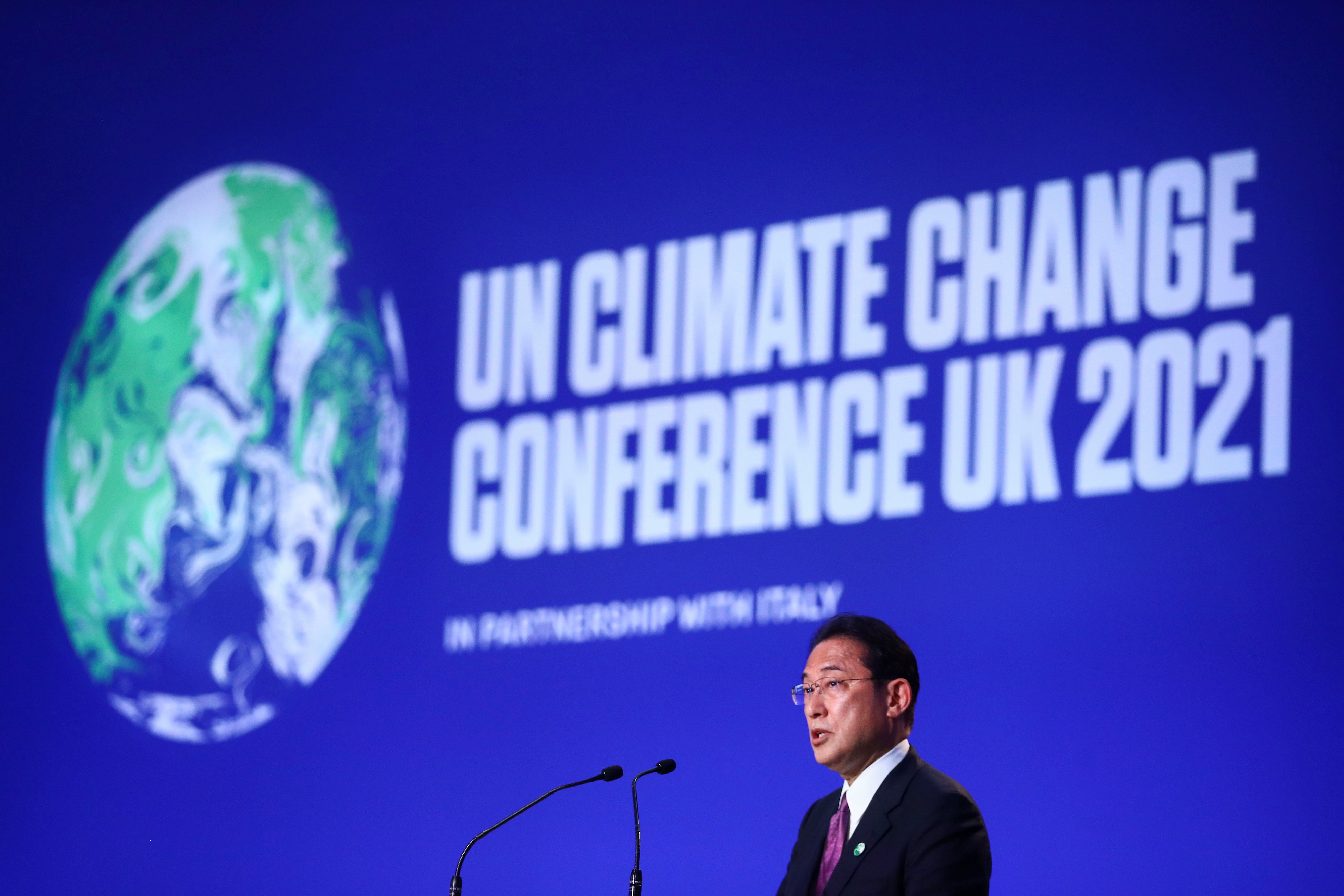 Fumio Kishida, Prime Minister of Japan, speaks during the UN Climate Change Conference (COP26) in Glasgow, Scotland, Britain, November 2, 2021. REUTERS/Hannah McKay/Pool