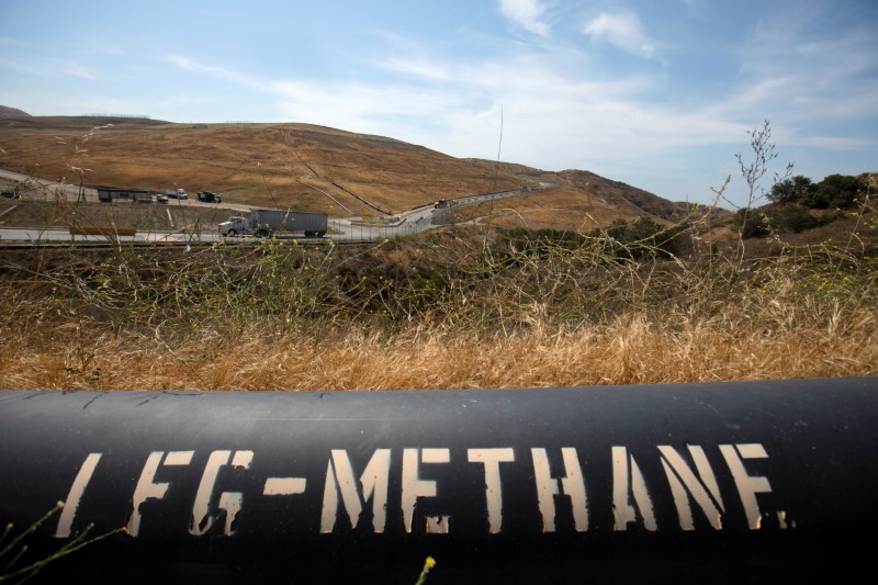 A pipeline that moves methane gas from the Frank R. Bowerman landfill to an onsite power plant is shown in Irvine, California, California. REUTERS/Mike Blake