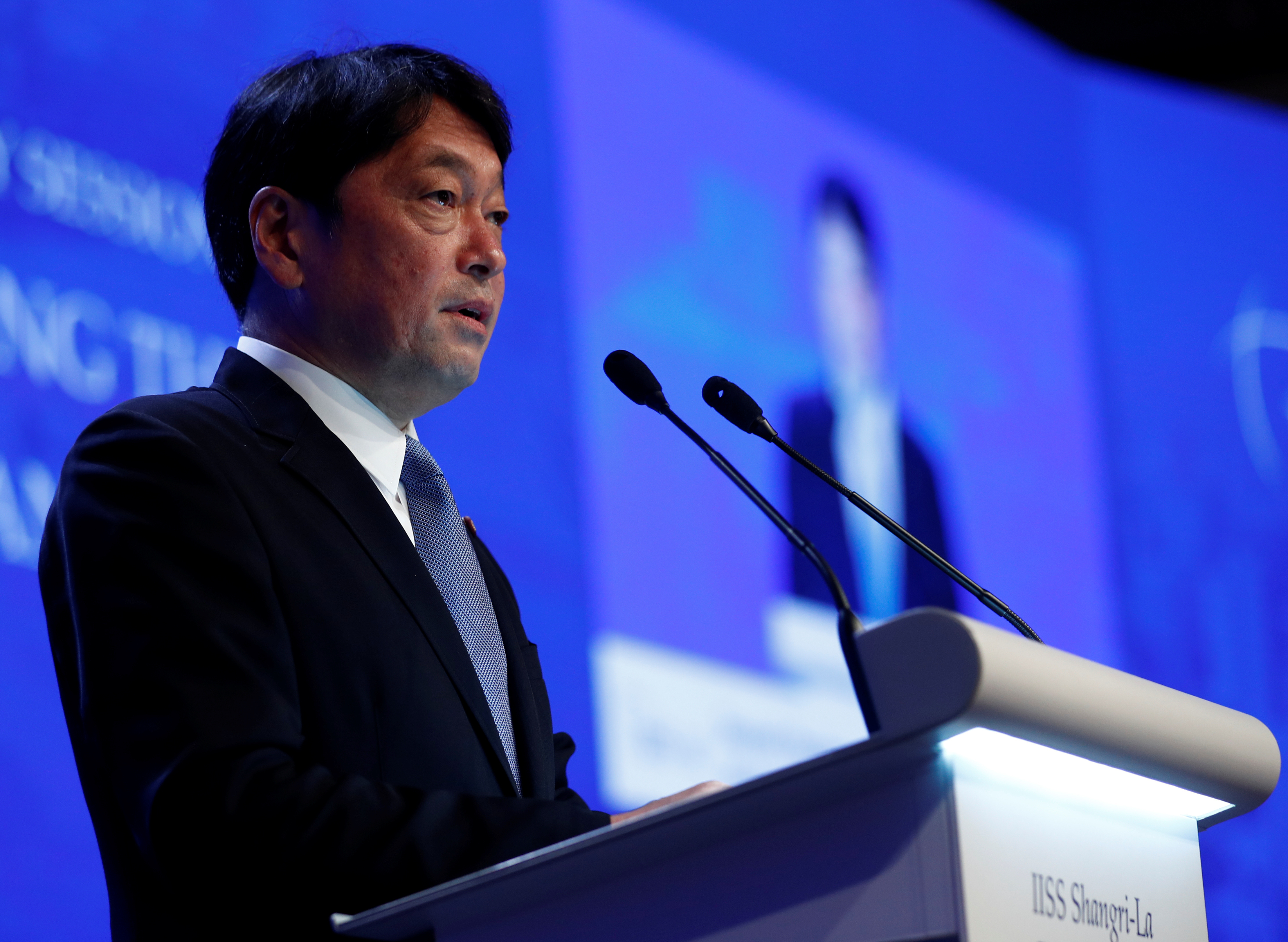 Japan's Defence Minister Itsunori Onodera speaks at the IISS Shangri-la Dialogue in Singapore