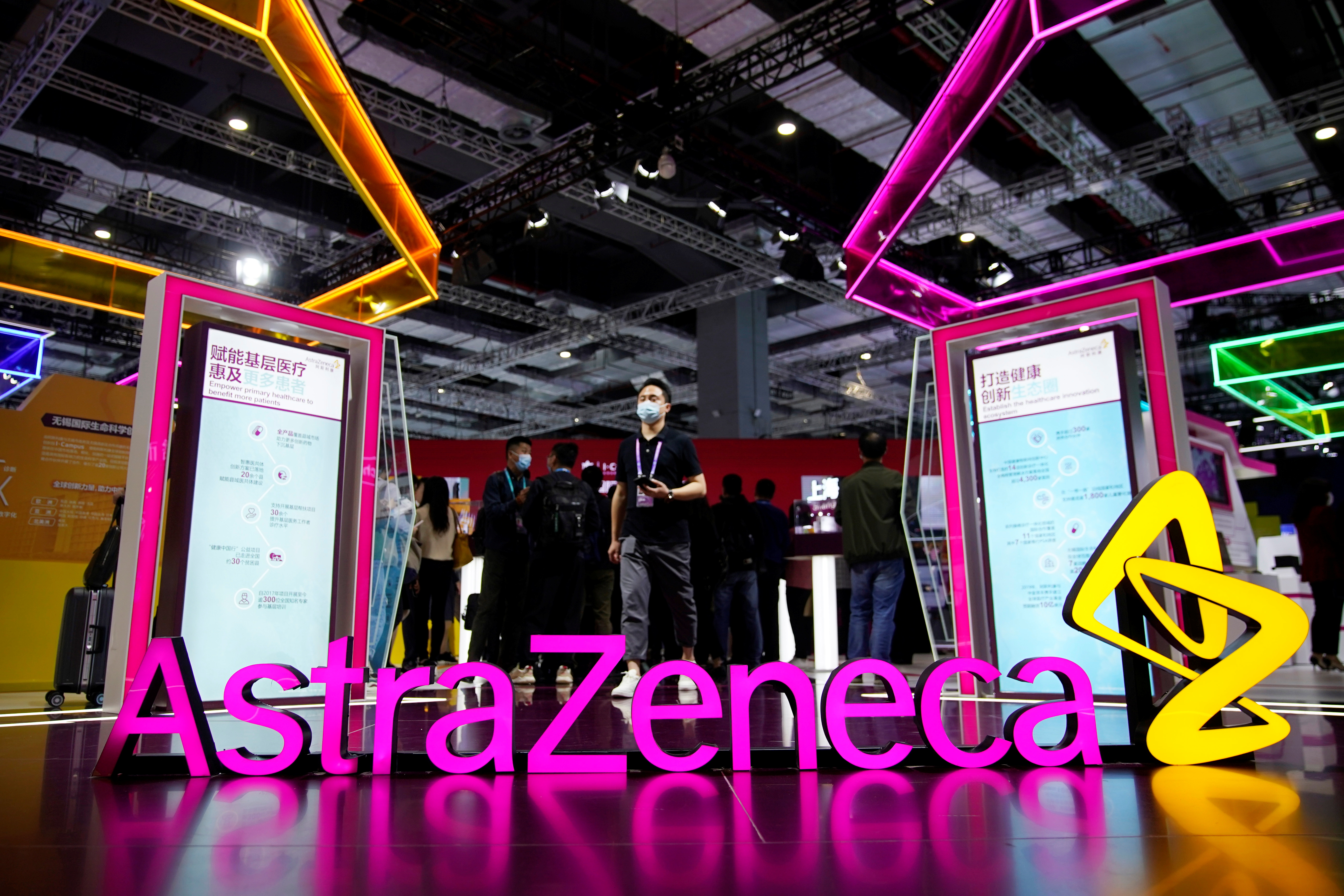 An AstraZeneca sign is seen at the third China International Import Expo (CIIE) in Shanghai