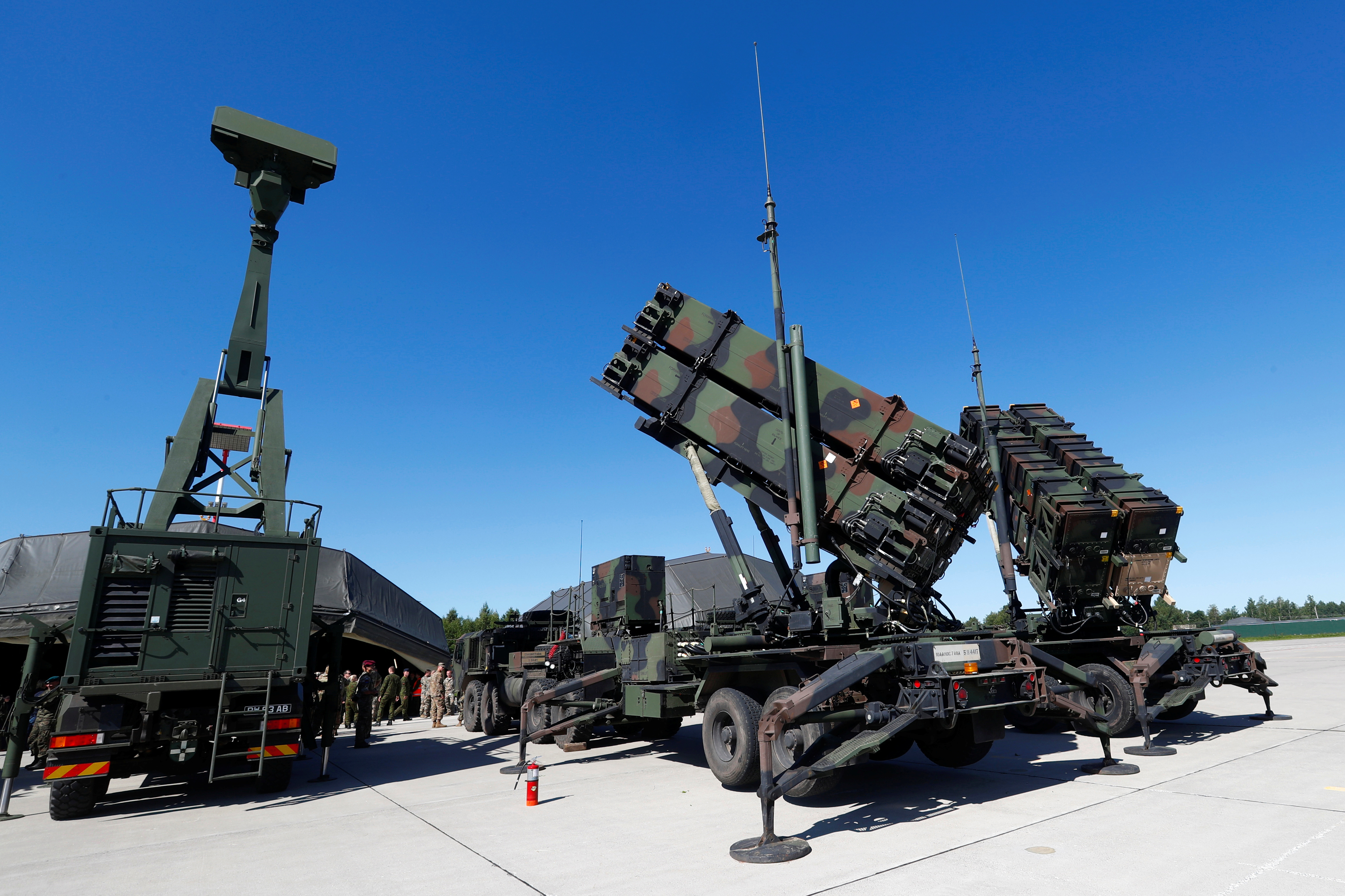 U.S. long range air defence systems Patriot and British radar Giraffe AMB are displayed during Toburq Legacy 2017 air defence exercise in the military airfield near Siauliai