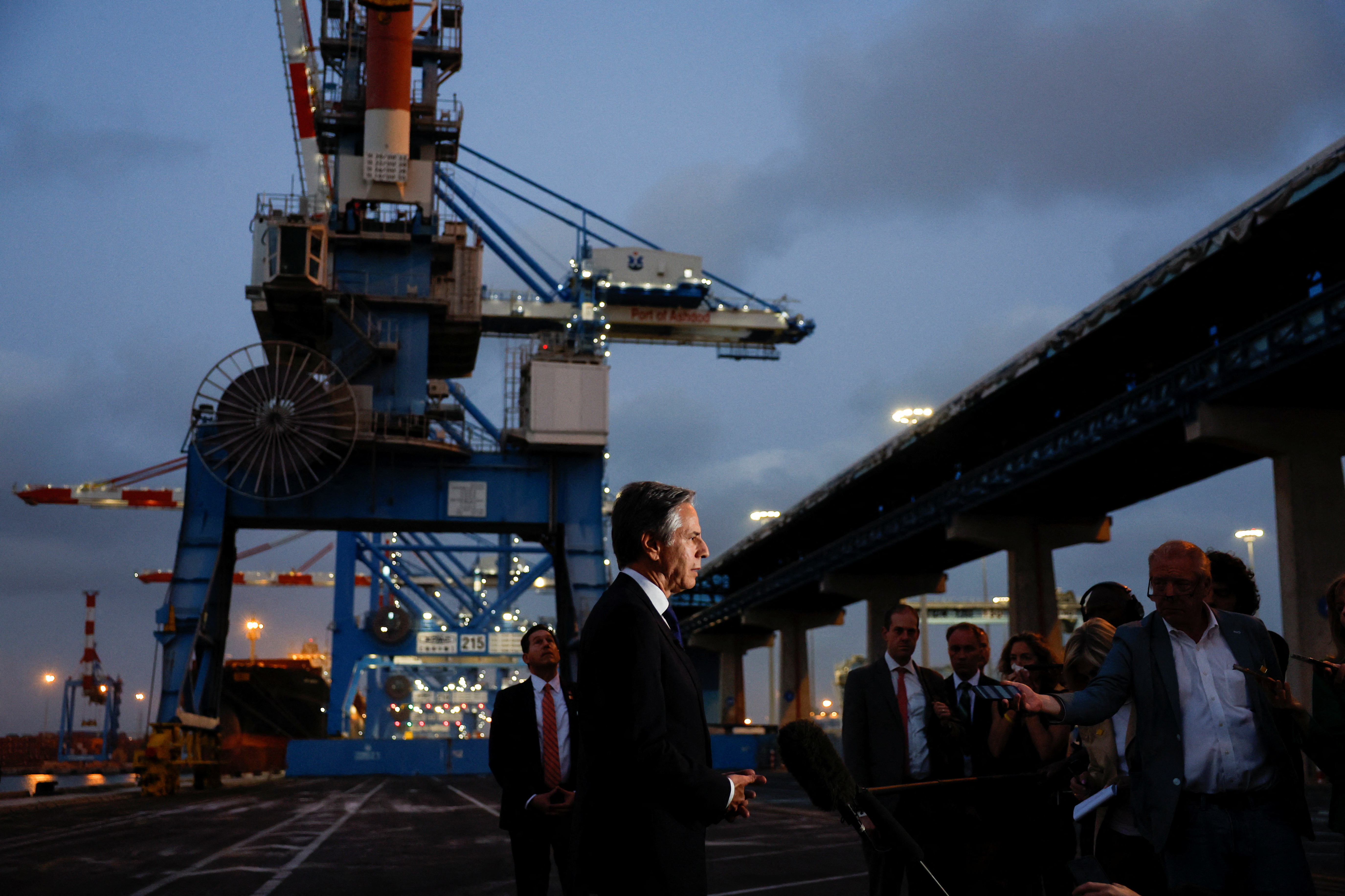 U.S. Secretary of State Antony Blinken speaks to the press at the port of Ashdod