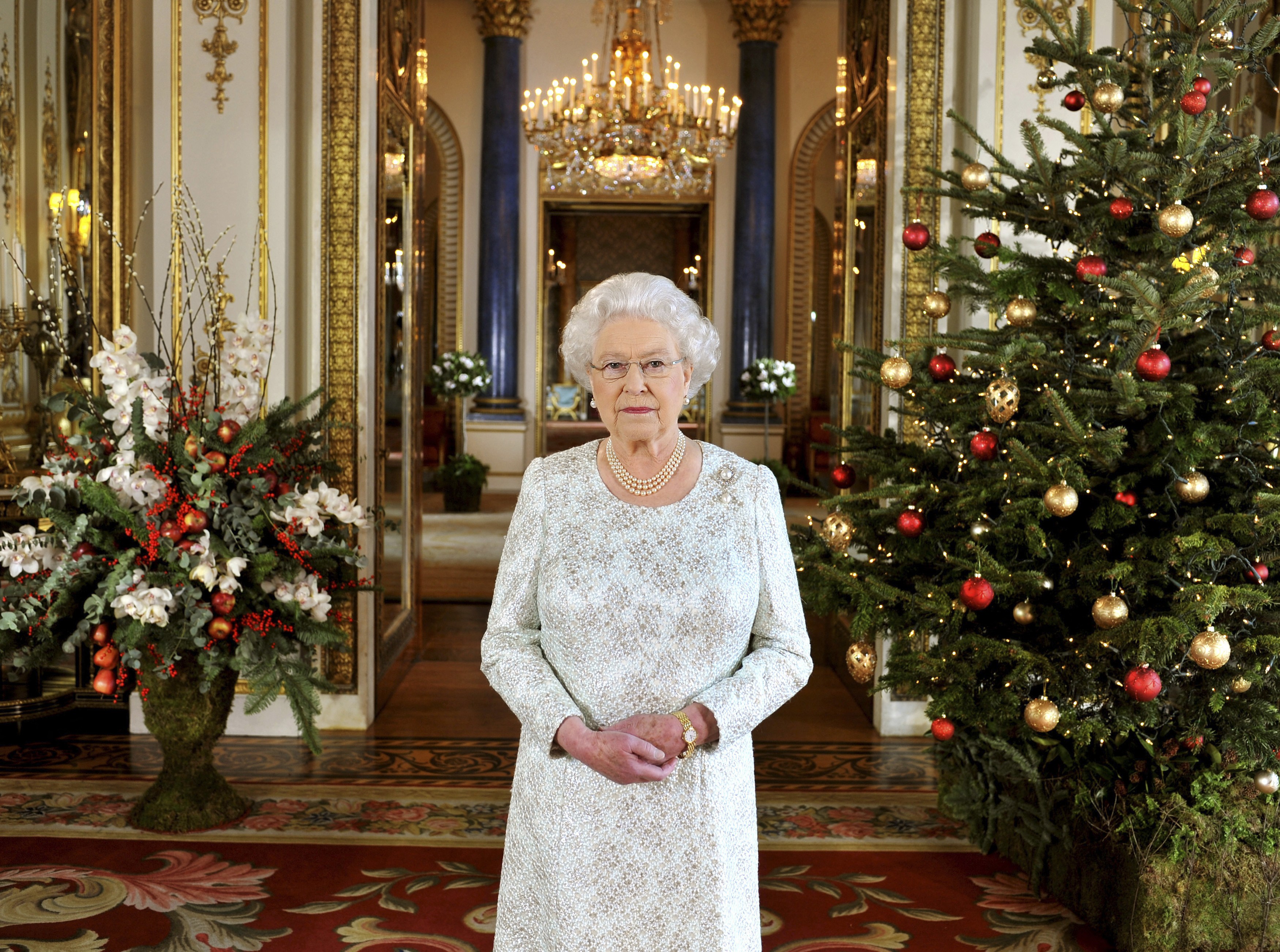 Britain's Queen Elizabeth records her Christmas message in 3-D from the White Drawing Room of Buckingham Palace
