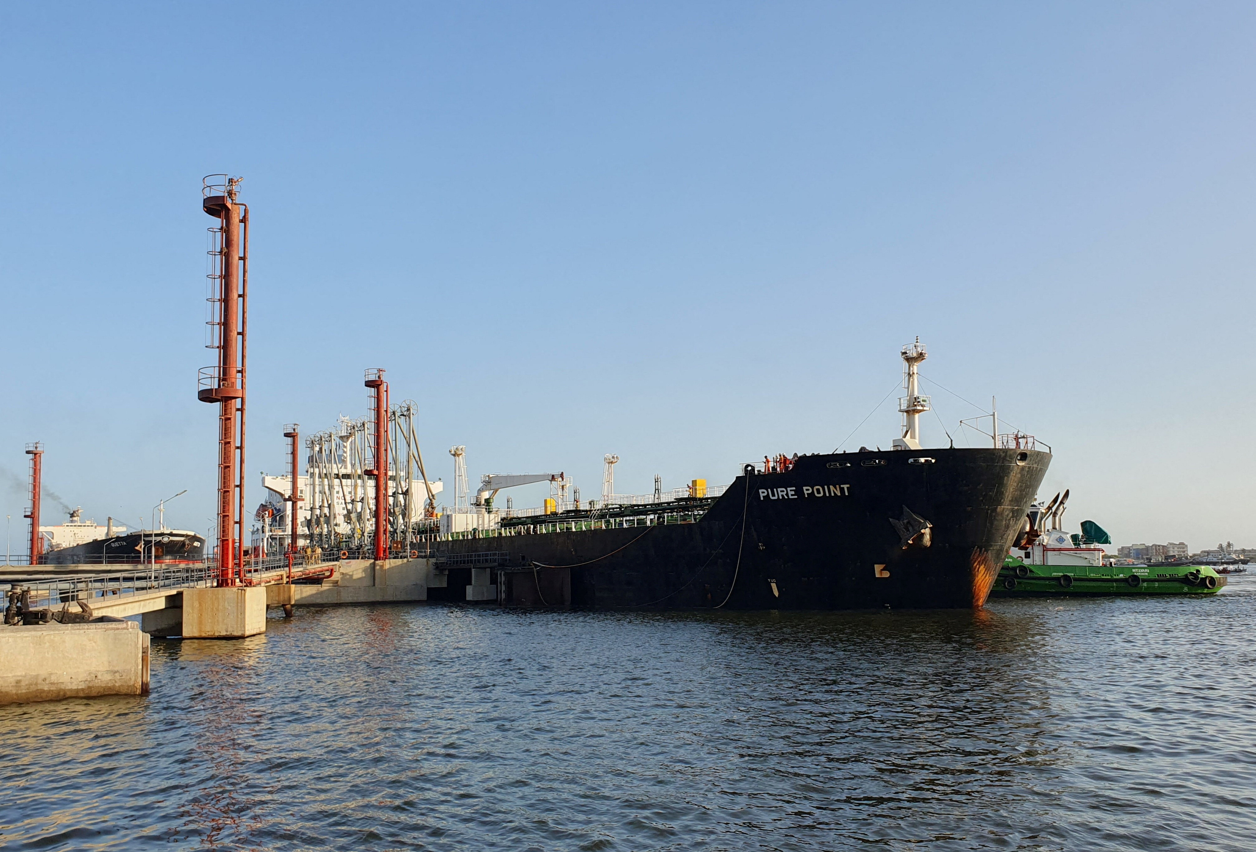 Russian oil cargo Pure Point, carrying crude oil, is seen anchored at the port in Karachi