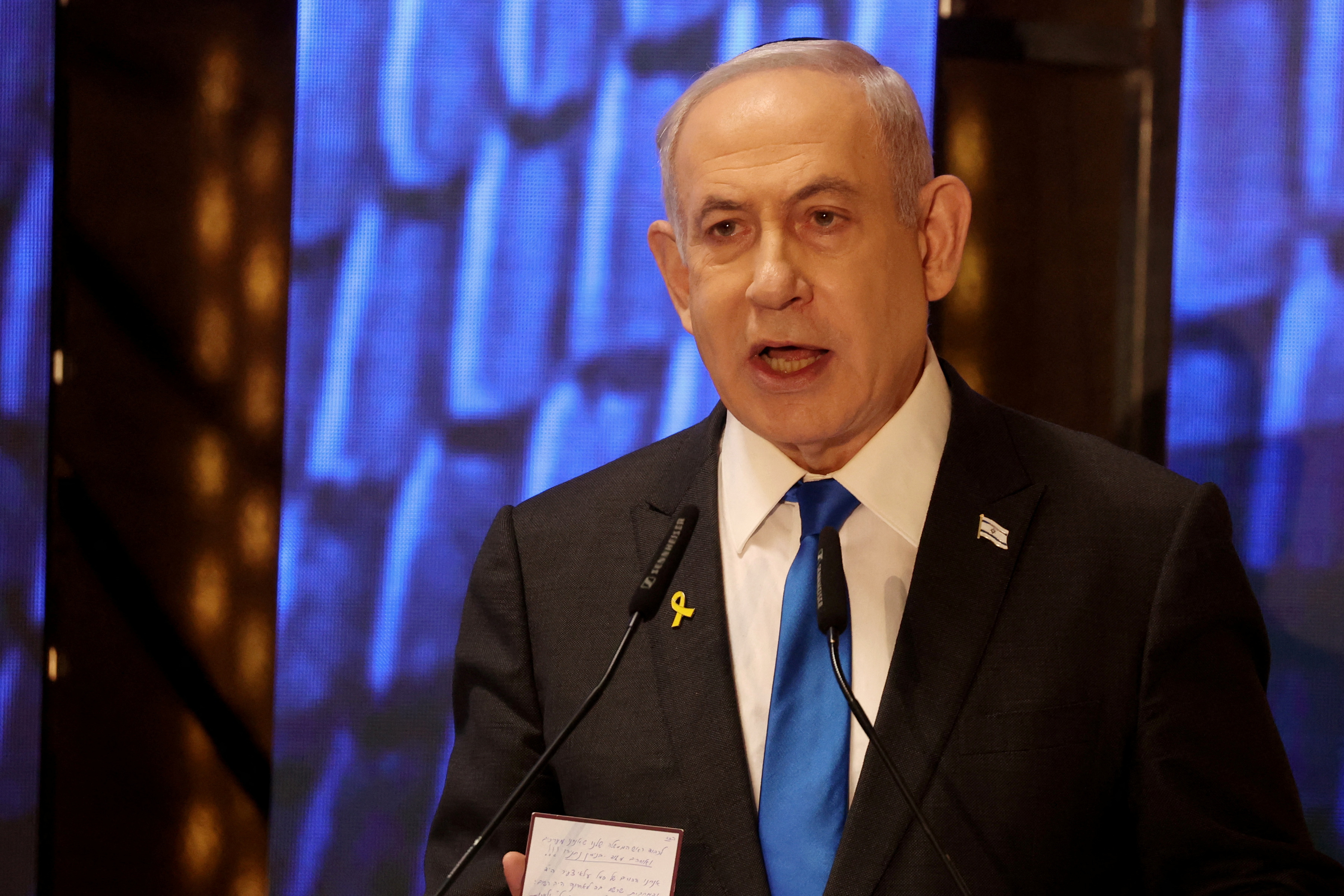 Israeli Prime Minister Netanyahu addresses a ceremony marking Memorial Day in Jerusalem