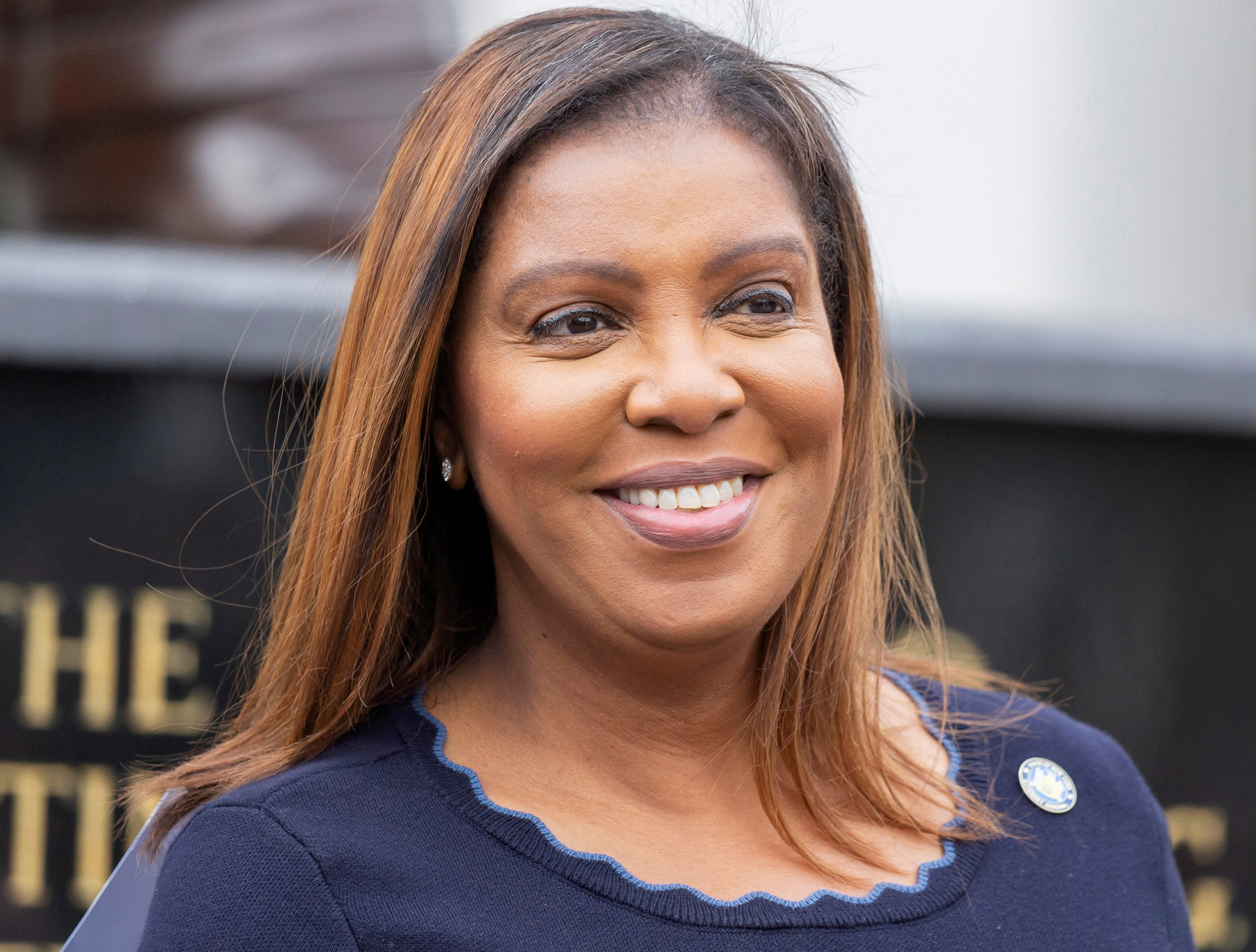 New York State Attorney General Letitia James smiles during an endorsement for governor event