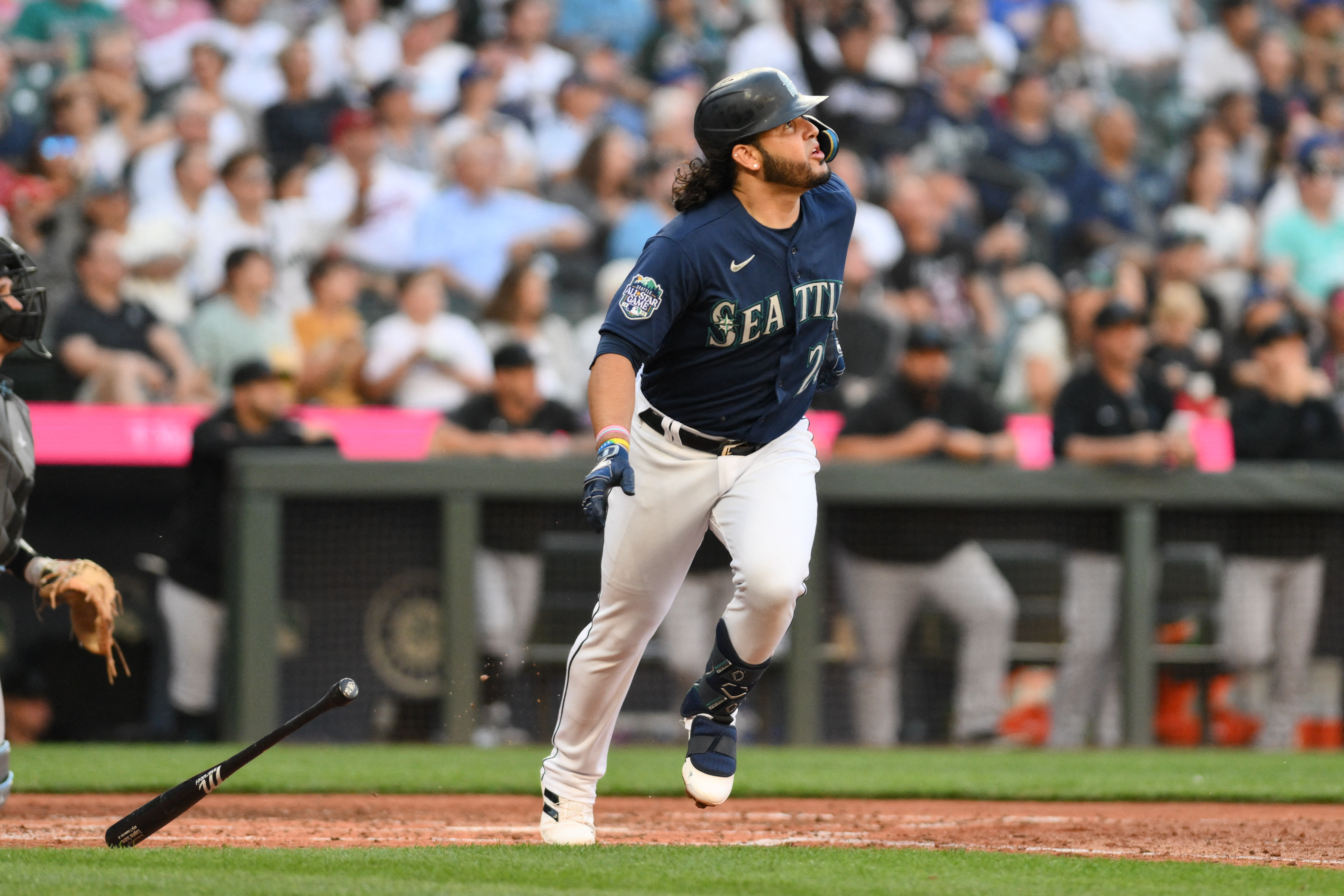 Eugenio Suarez of the Seattle Mariners at bat against the Miami